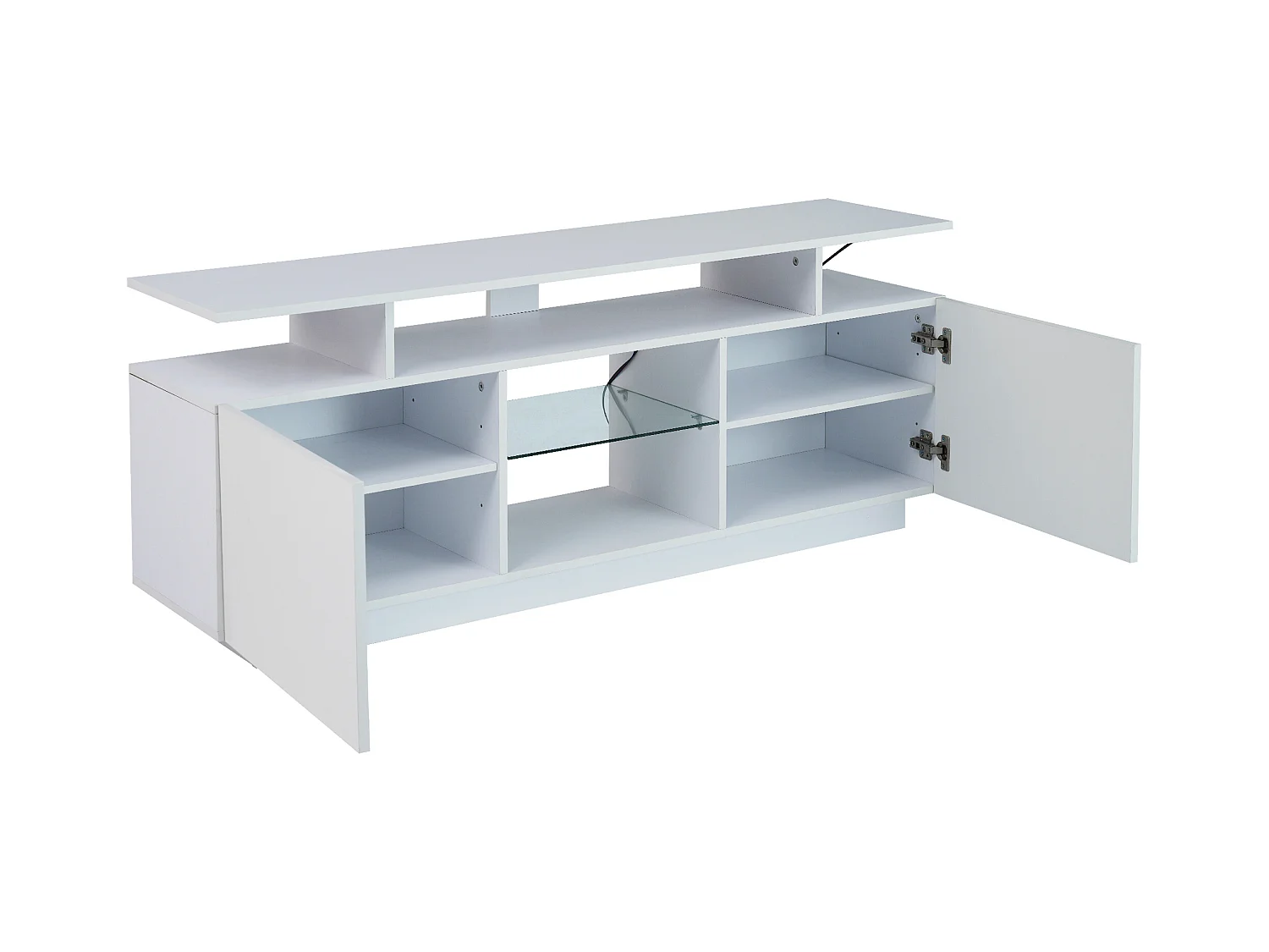 Meuble TV avec 2 portes, 3 niches et LED, blanc laqué