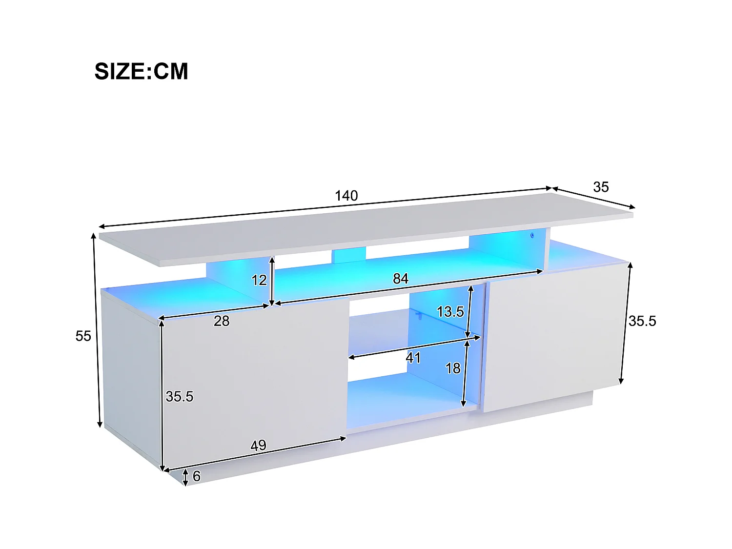 Meuble TV avec 2 portes, 3 niches et LED, blanc laqué
