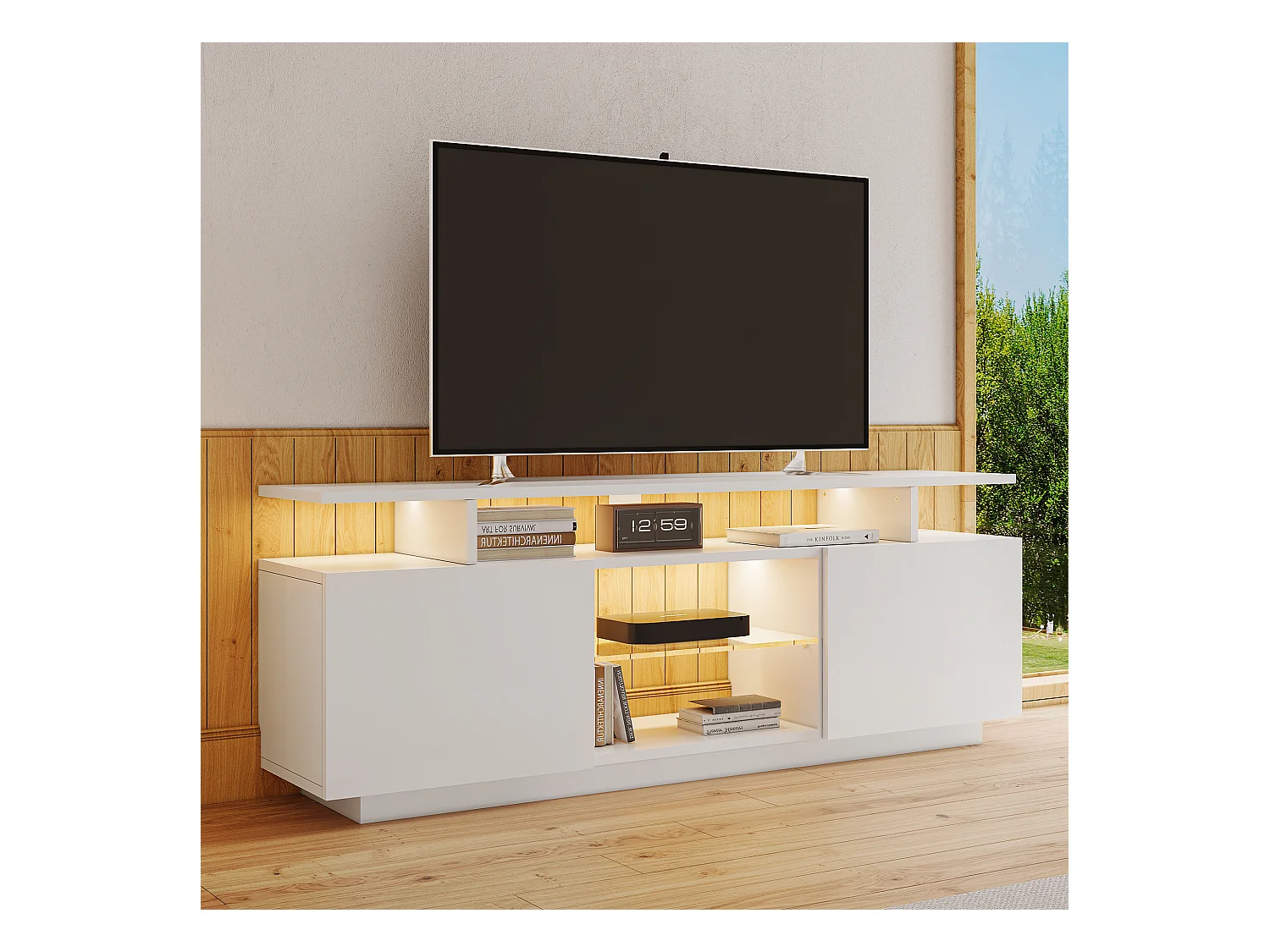 Meuble TV avec 2 portes, 3 niches et LED, blanc laqué