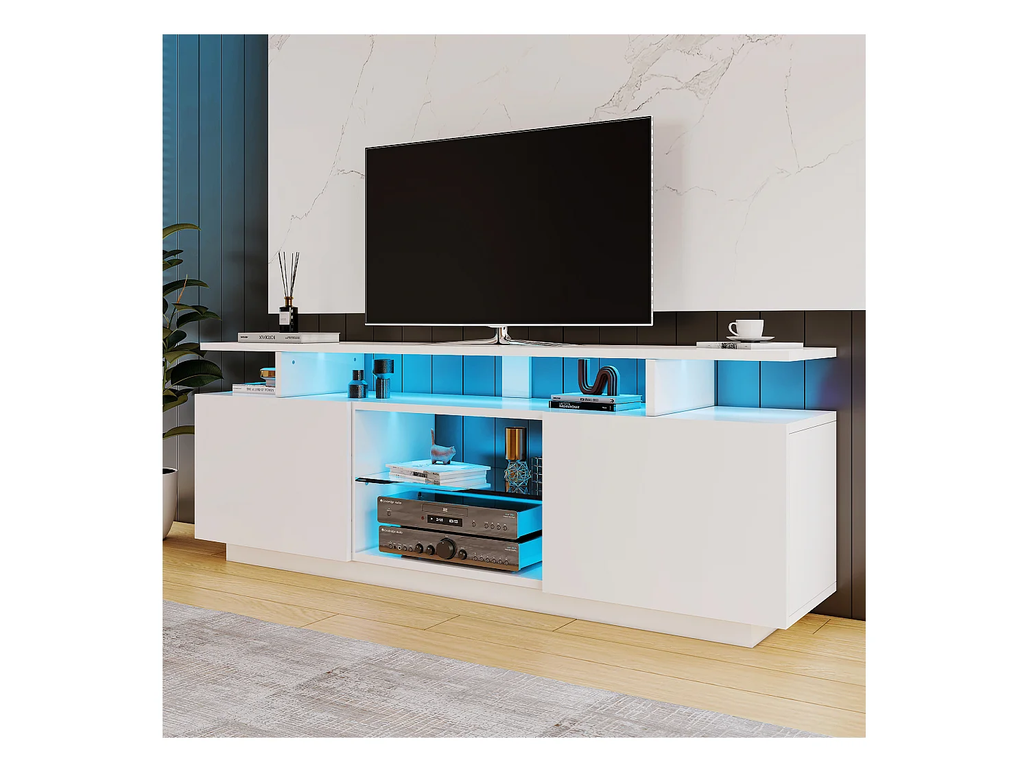 Meuble TV avec 2 portes, 3 niches et LED, blanc laqué