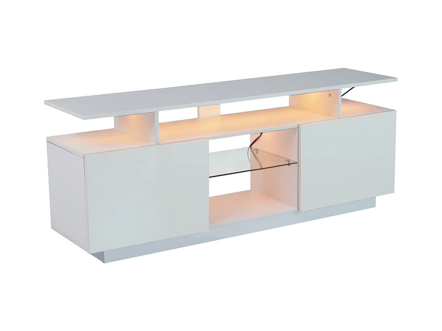 Meuble TV avec 2 portes, 3 niches et LED, blanc laqué