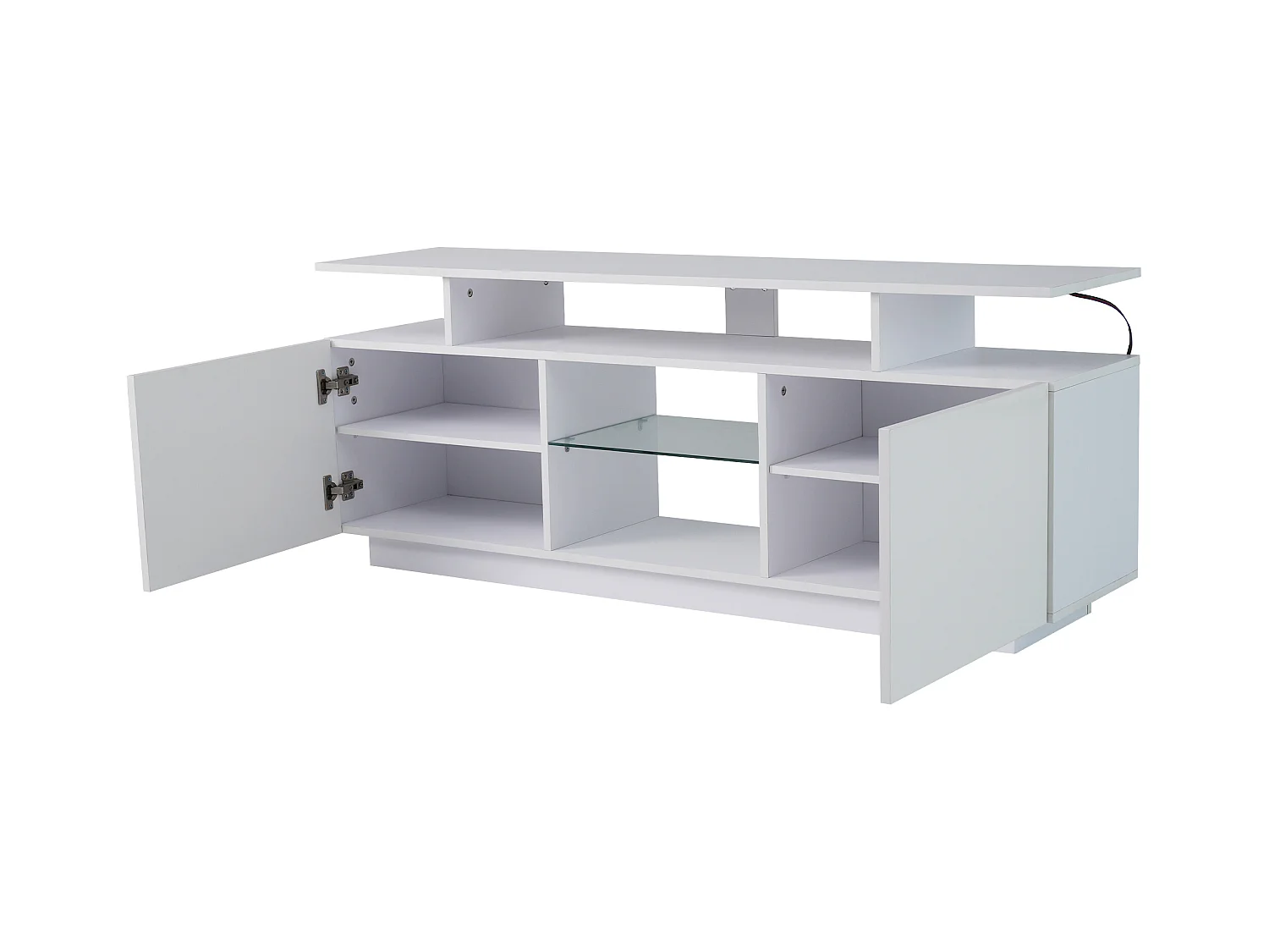Meuble TV avec 2 portes, 3 niches et LED, blanc laqué