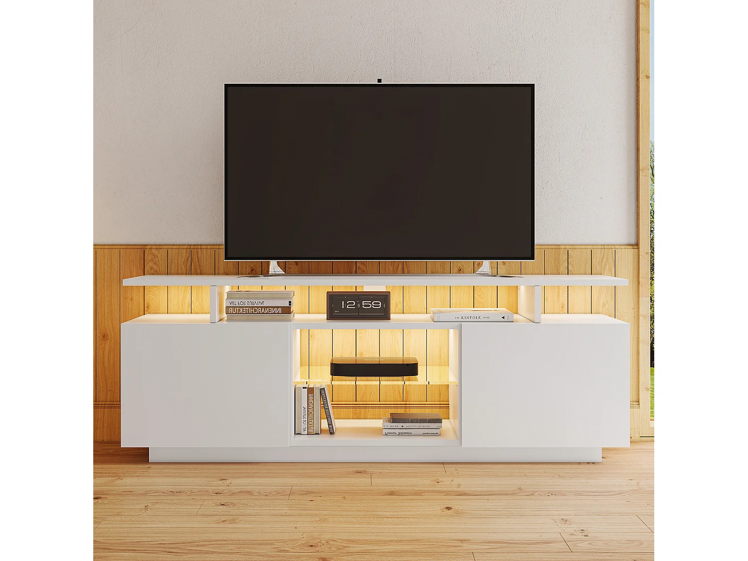 Meuble TV avec 2 portes, 3 niches et LED, blanc laqué
