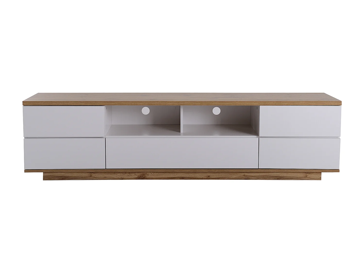 Mueble de TV con 5 puertas y 2 nichos, blanco y natural claro