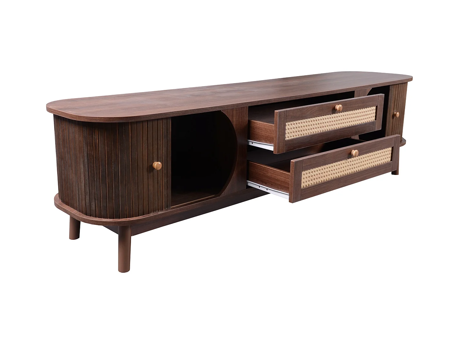 Meuble TV avec 2 portes coulissantes et 2 tiroirs en rotin, en placage bois marron