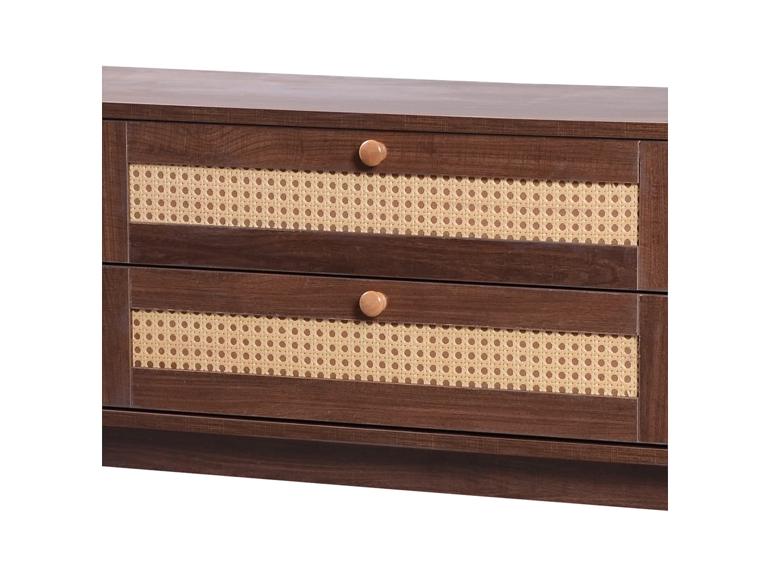 Meuble TV avec 2 portes coulissantes et 2 tiroirs en rotin, en placage bois marron