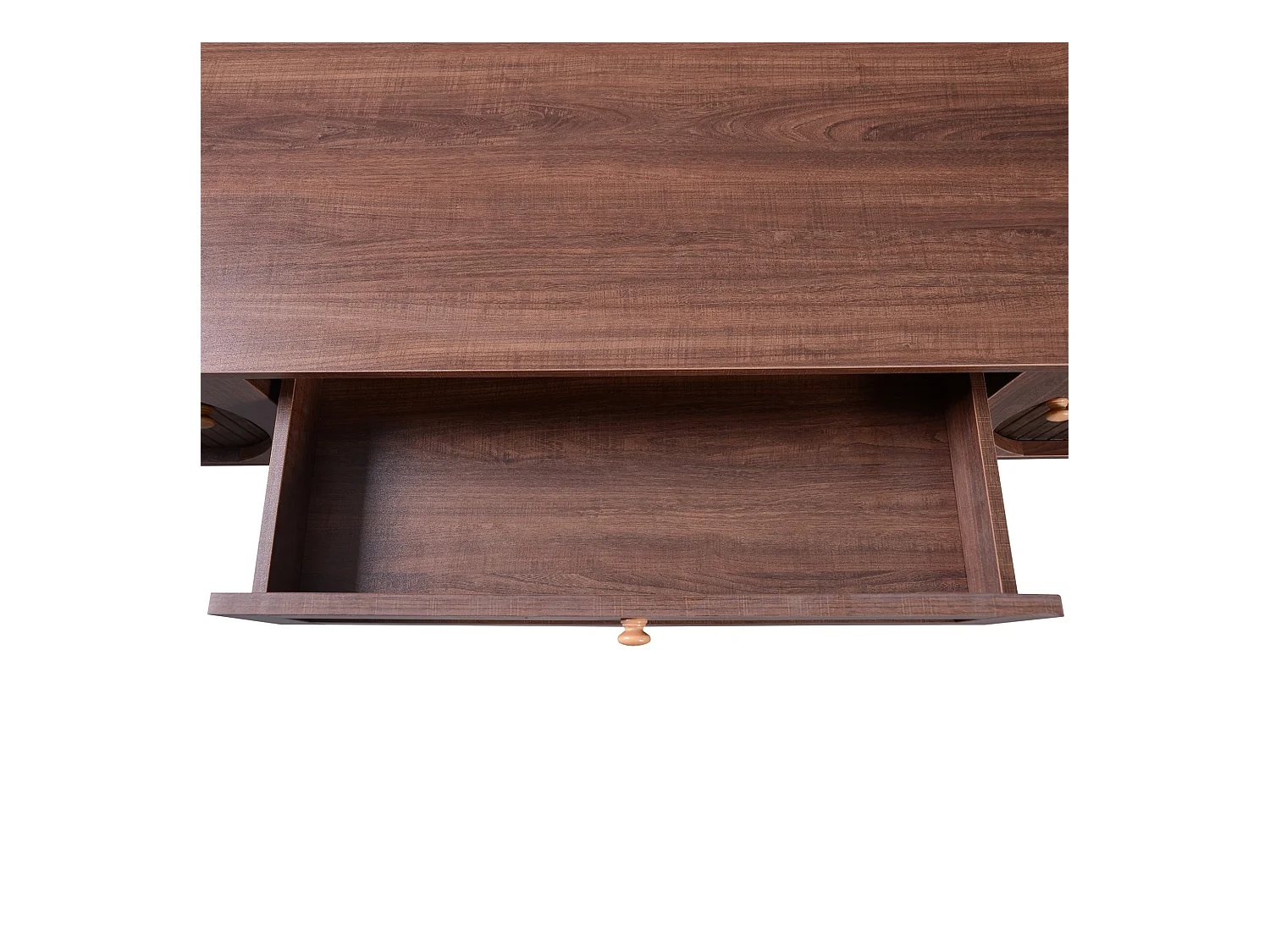 Meuble TV avec 2 portes coulissantes et 2 tiroirs en rotin, en placage bois marron