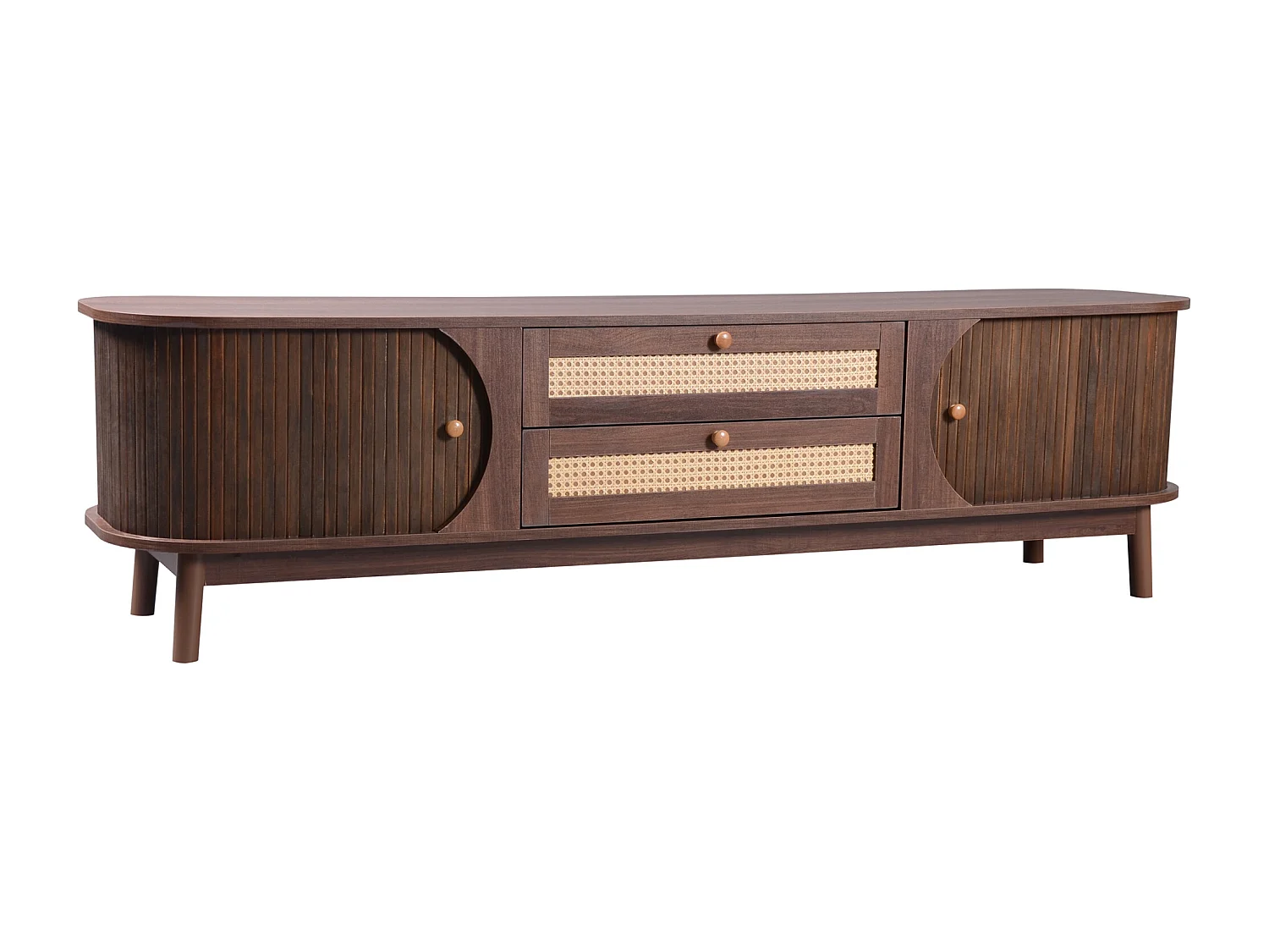 TV-meubel met 2 schuifdeuren en 2 lades in rotan, in bruin houtfineer