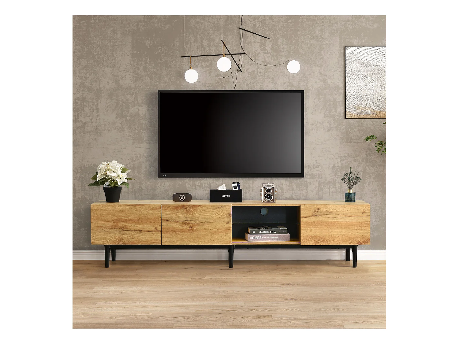 Meuble TV avec 3 portes, 2 niches et LED, corps en woodgrain naturel clair, pieds noir
