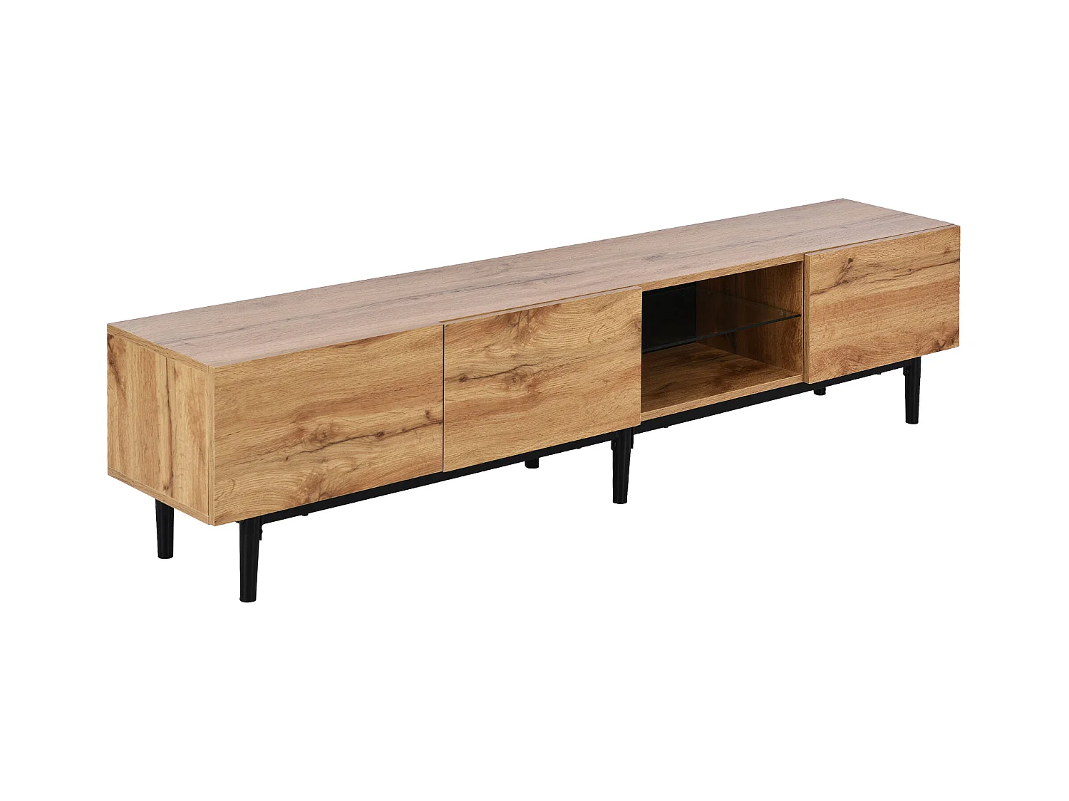 Meuble TV avec 3 portes, 2 niches et LED, corps en woodgrain naturel clair, pieds noir