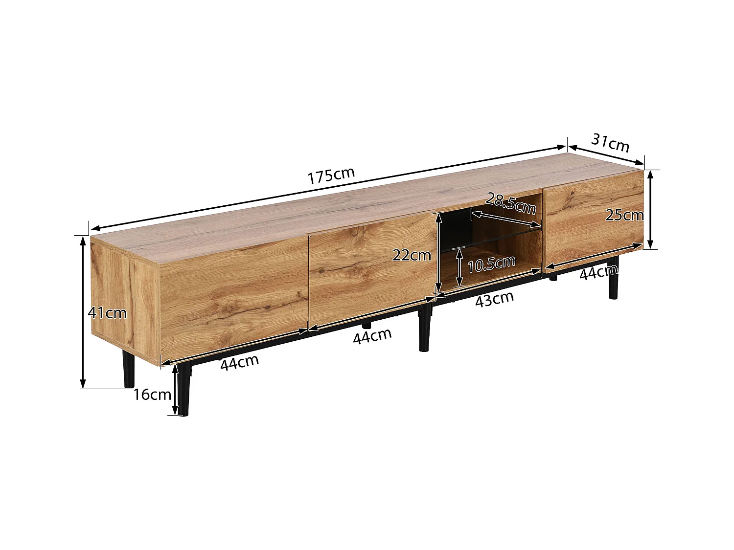 Meuble TV avec 3 portes, 2 niches et LED, corps en woodgrain naturel clair, pieds noir