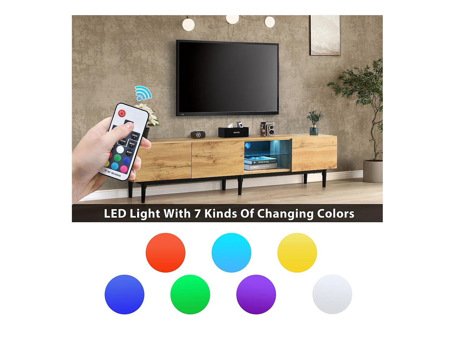 Meuble TV avec 3 portes, 2 niches et LED, corps en woodgrain naturel clair, pieds noir