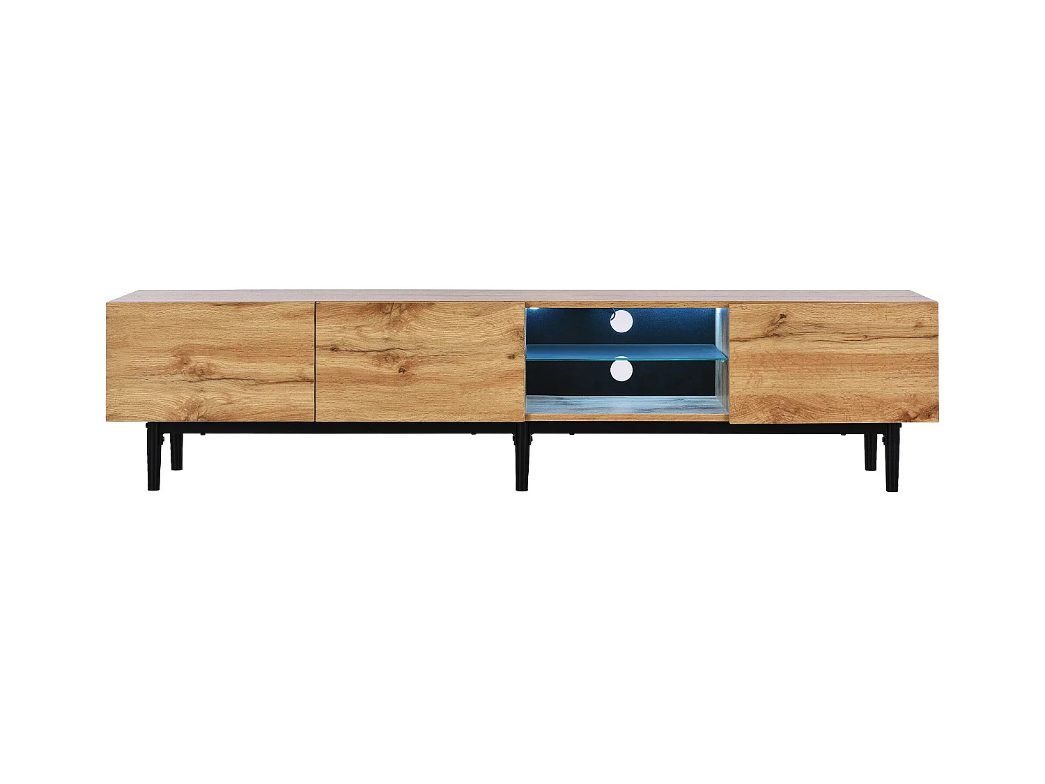 Meuble TV avec 3 portes, 2 niches et LED, corps en woodgrain naturel clair, pieds noir