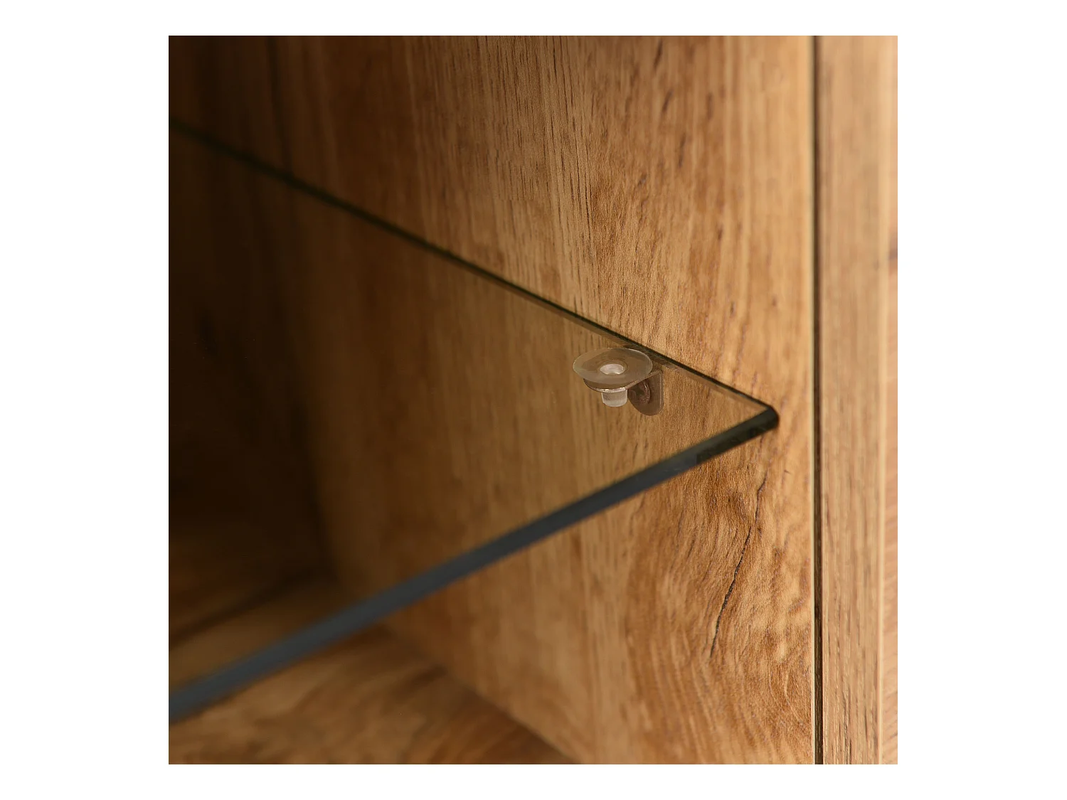 Meuble TV avec 3 portes, 2 niches et LED, corps en woodgrain naturel clair, pieds noir