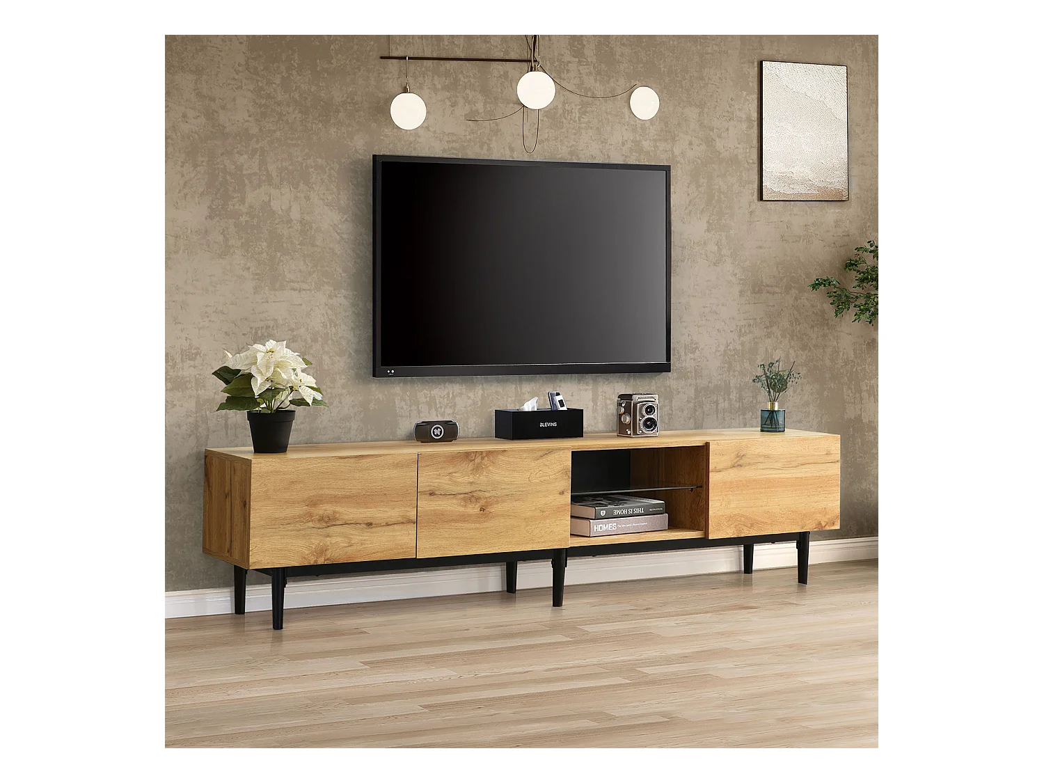 TV-meubel met 3 deuren, 2 nissen en LED, behuizing in lichte natuurlijke houtnerf, zwarte poten