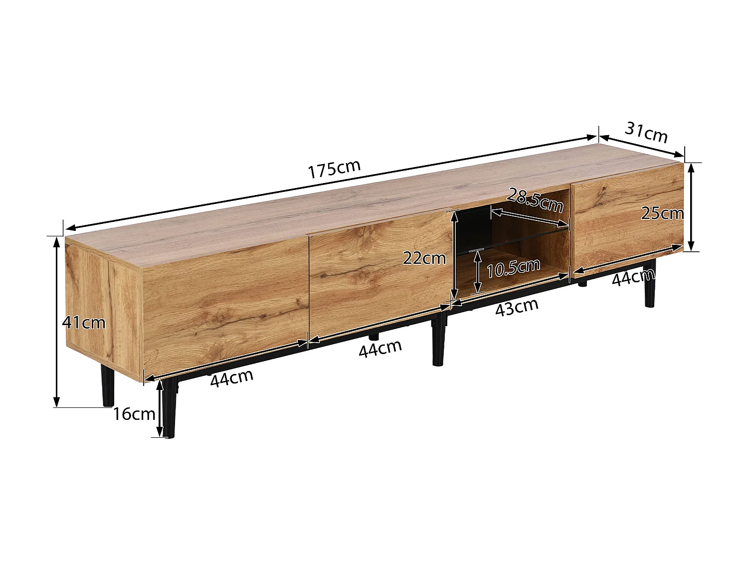 Meuble TV avec 3 portes, 2 niches et LED, corps en woodgrain naturel clair, pieds noir