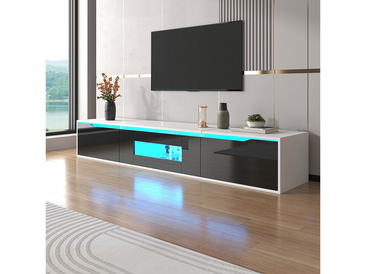 Meuble TV 180 Cm Avec LED 16 Couleurs - 3 Portes, Design Moderne, Montage Mural Ou Au Sol - 11