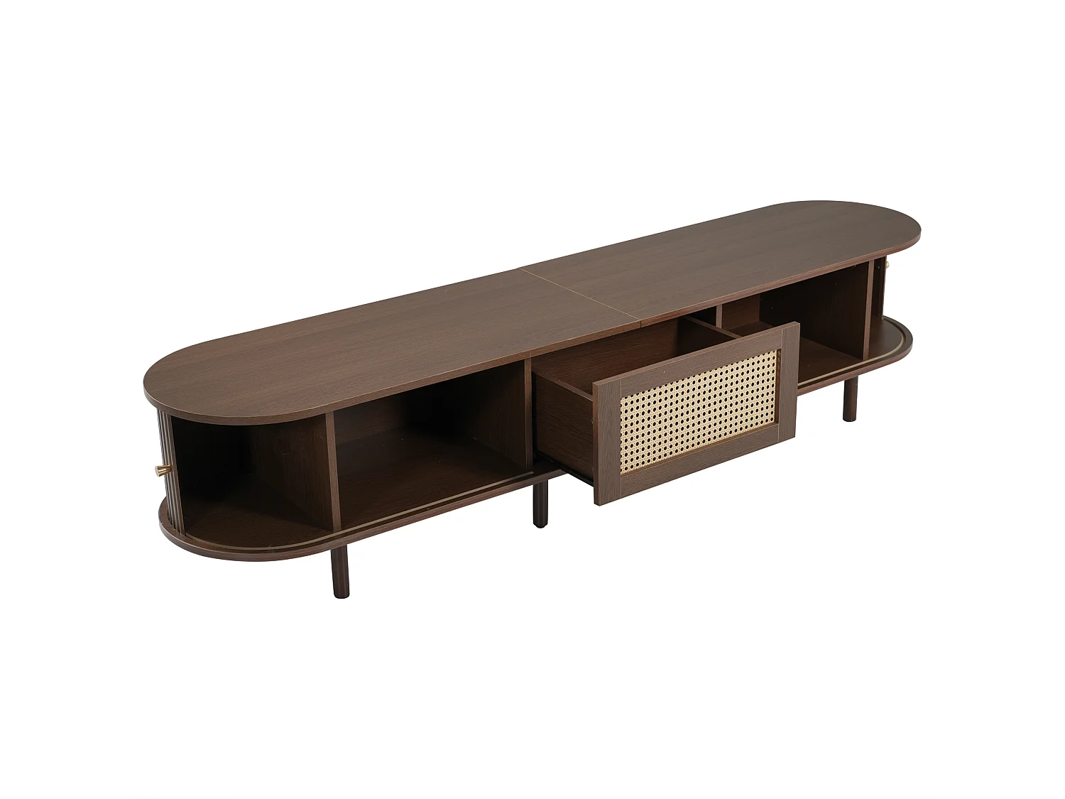 TV-meubel met 2 schuifdeuren en 1 rotan lade, in bruin notenhoutfineer