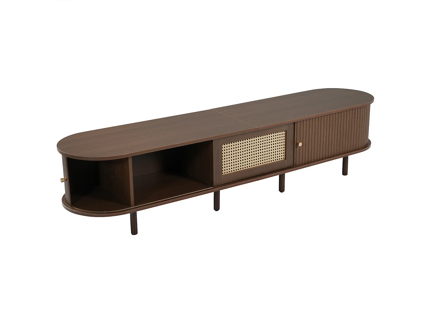 TV-meubel met 2 schuifdeuren en 1 rotan lade, in bruin notenhoutfineer