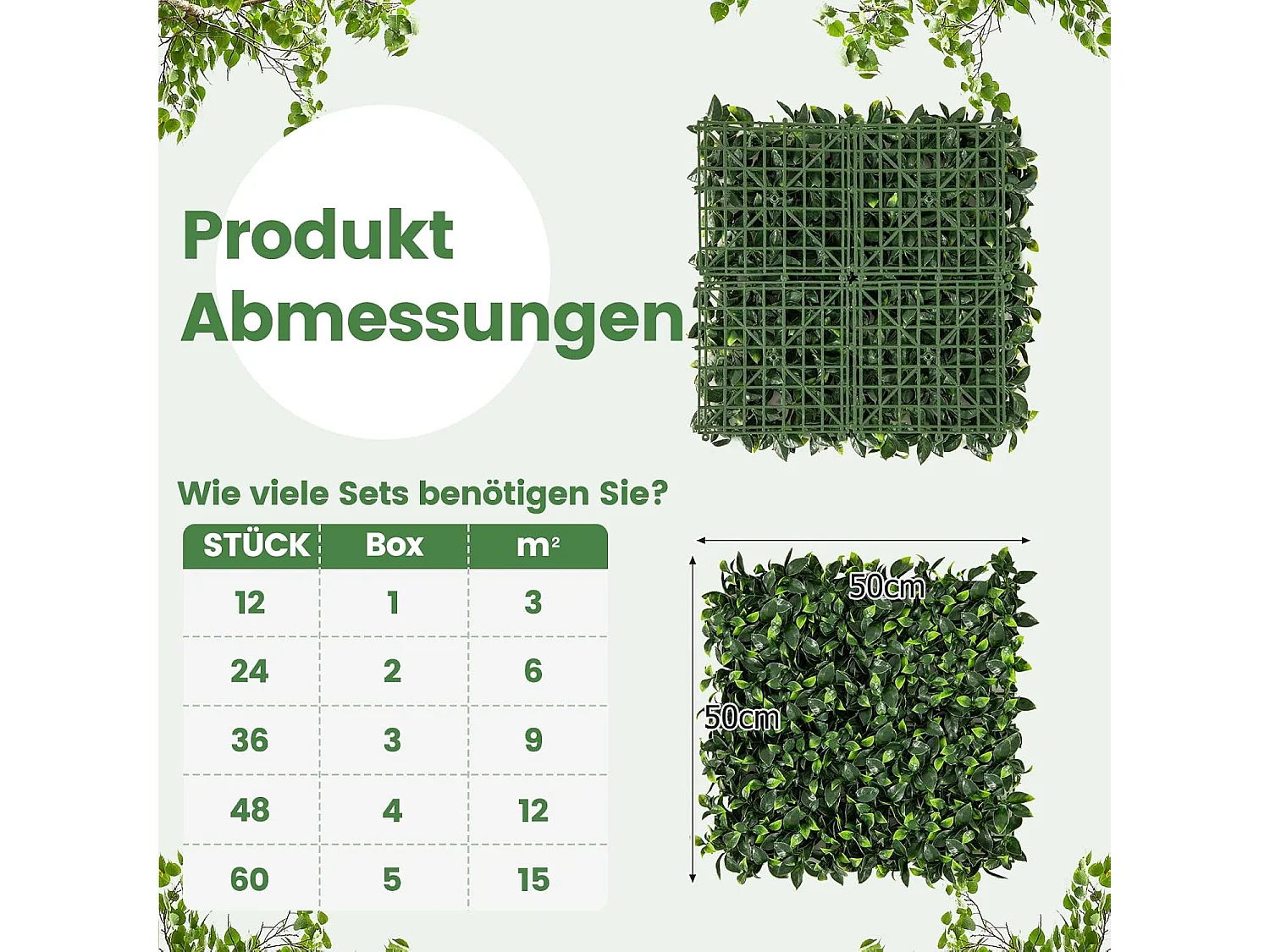 12 stuks kunsthegplantenwand, 50 x 50 cm, panelen met bladeren, gesimuleerd gazon, kunstplant, wandplant voor muur, balkon, tuin, groen