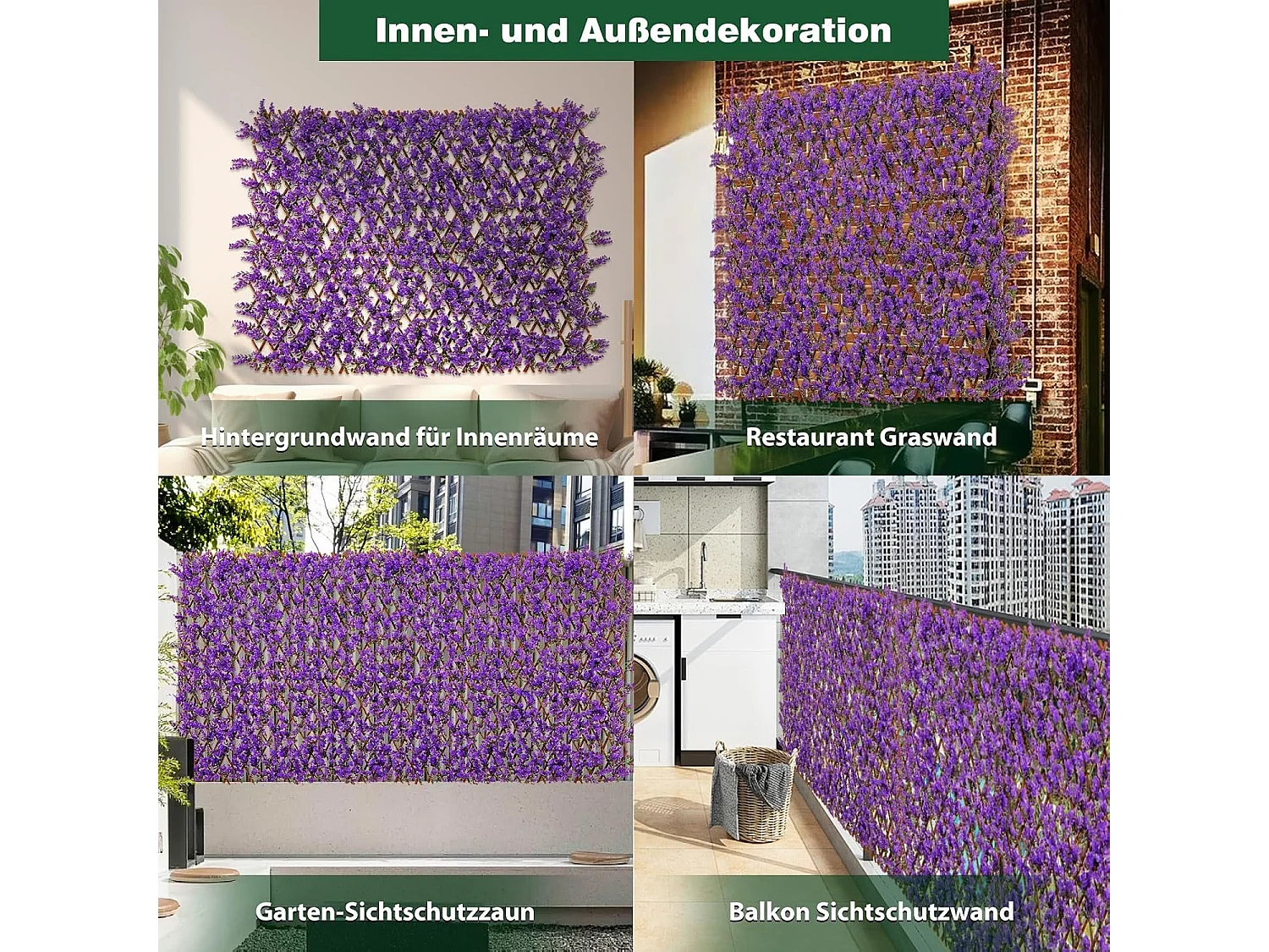 Kunstmatige klimop tuin privacy scherm, 180 x 90 cm, plant muur hagen met eucalyptus bladeren, hek voor tuin hagen balkon buiten decoratie,vlechtwerk (paars)