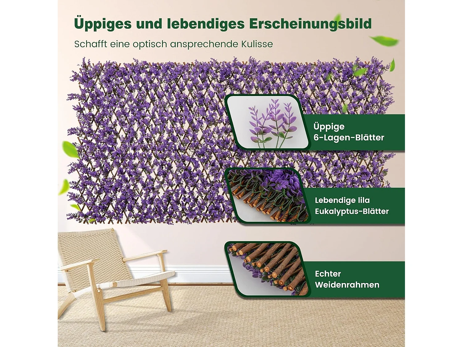 Kunstmatige klimop tuin privacy scherm, 180 x 90 cm, plant muur hagen met eucalyptus bladeren, hek voor tuin hagen balkon buiten decoratie,vlechtwerk (paars)