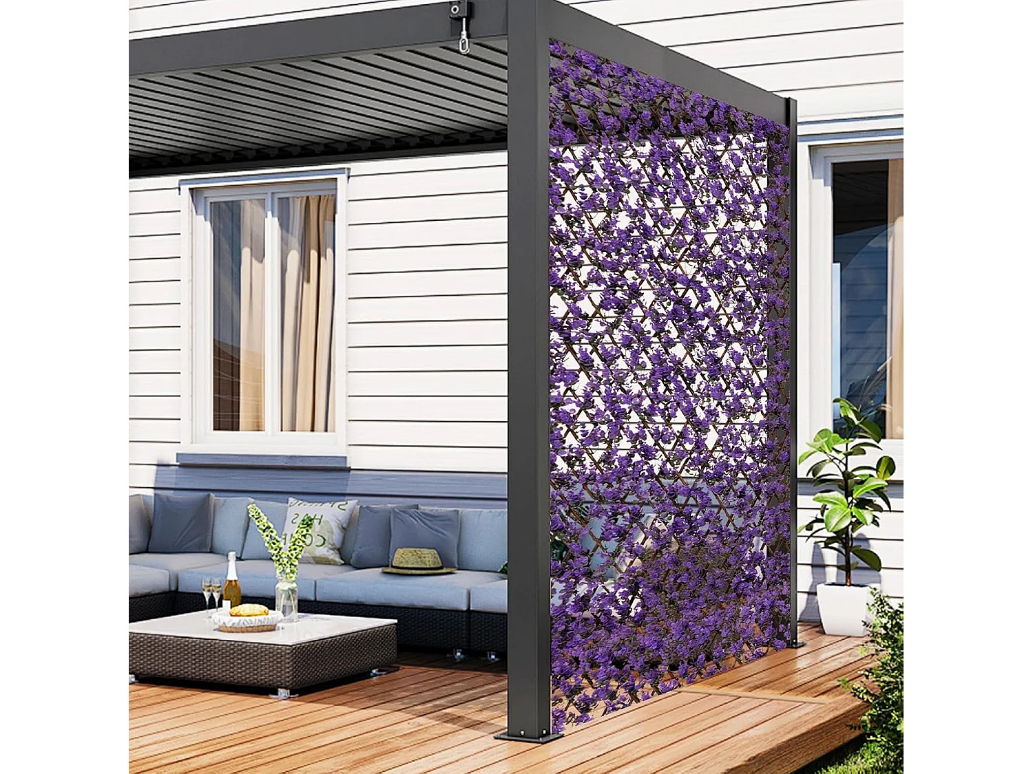 Kunstmatige klimop tuin privacy scherm, 180 x 90 cm, plant muur hagen met eucalyptus bladeren, hek voor tuin hagen balkon buiten decoratie,vlechtwerk (paars)