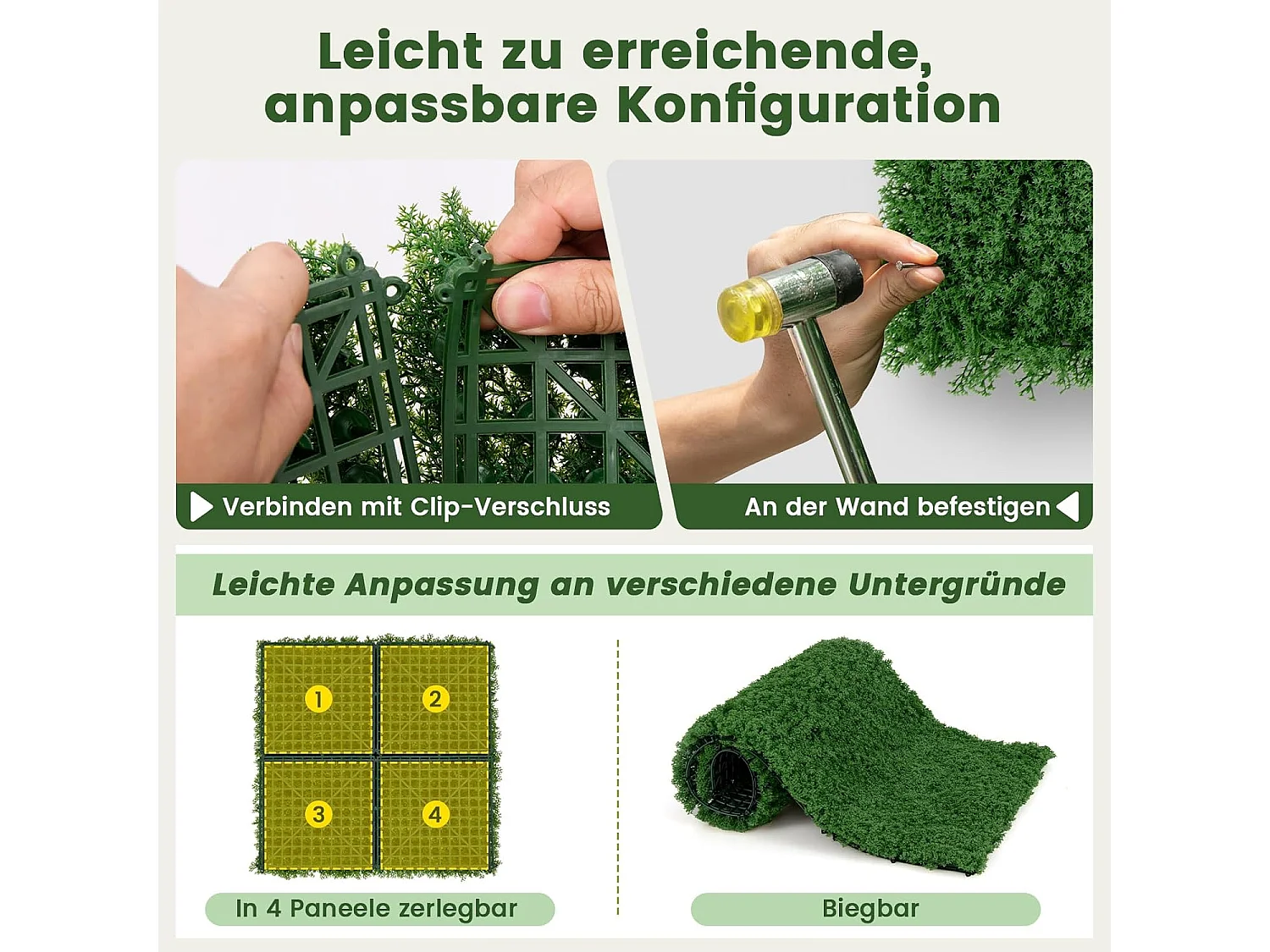 12 stuks plantenwand, 50,5 x 50,5 cm, kunstmatige moswand met elkaar verbindbaar, inkijkbescherming voor tuin, binnenplaats, balkon, thuis