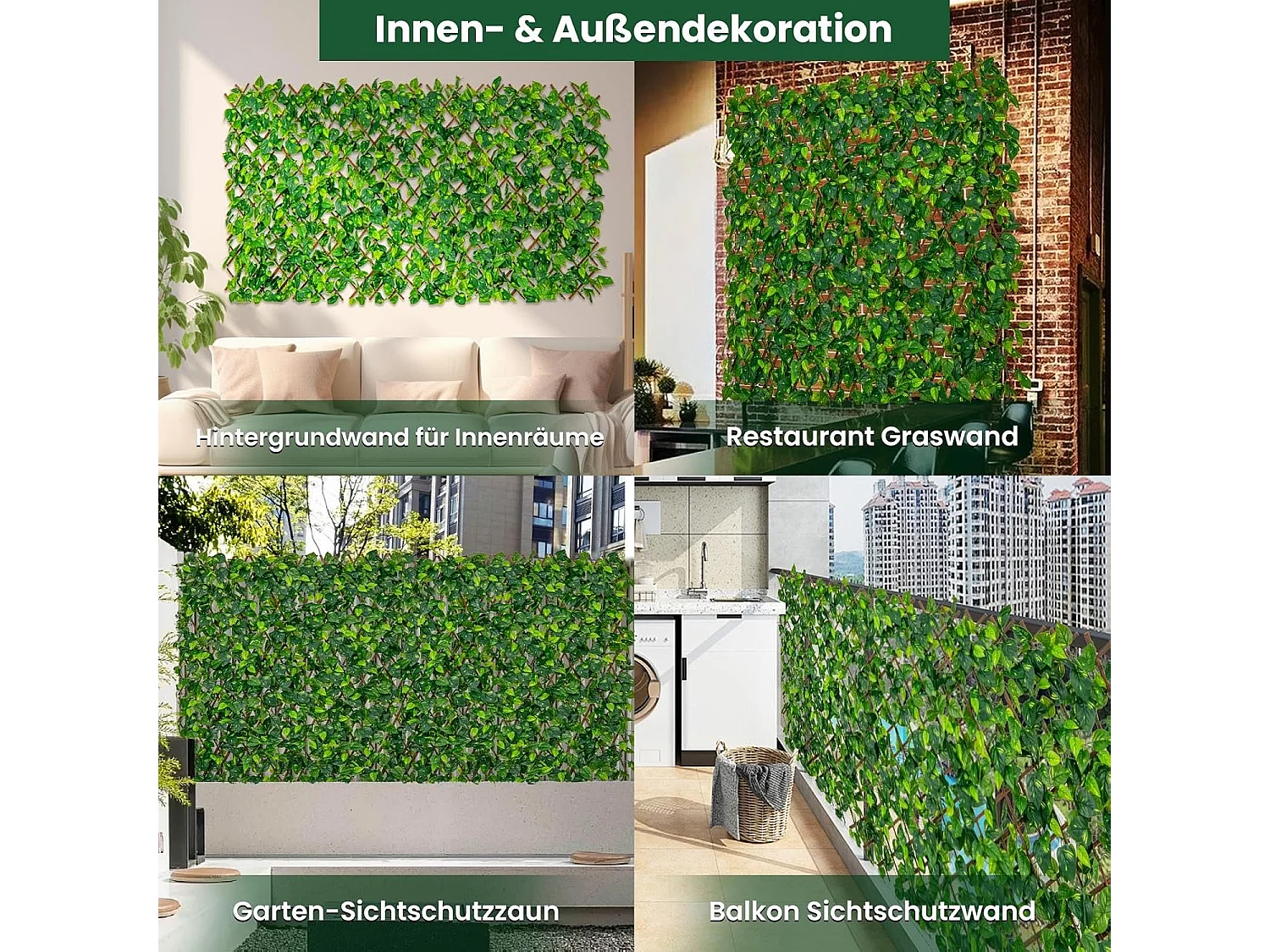 Kunstklimop voor de tuin, inkijkbescherming, 180 x 90 cm, plantenwand, heggen, klimop, omheining voor tuinheggen, balkon,windbescherming, wilgenvlechtwerk