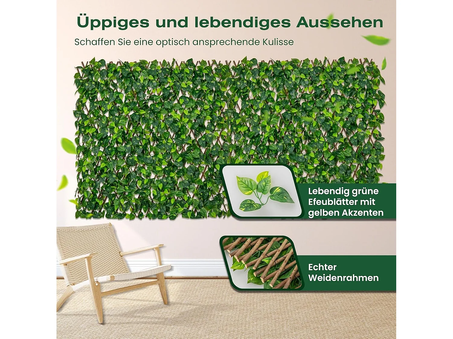 Kunstklimop voor de tuin, inkijkbescherming, 180 x 90 cm, plantenwand, heggen, klimop, omheining voor tuinheggen, balkon,windbescherming, wilgenvlechtwerk