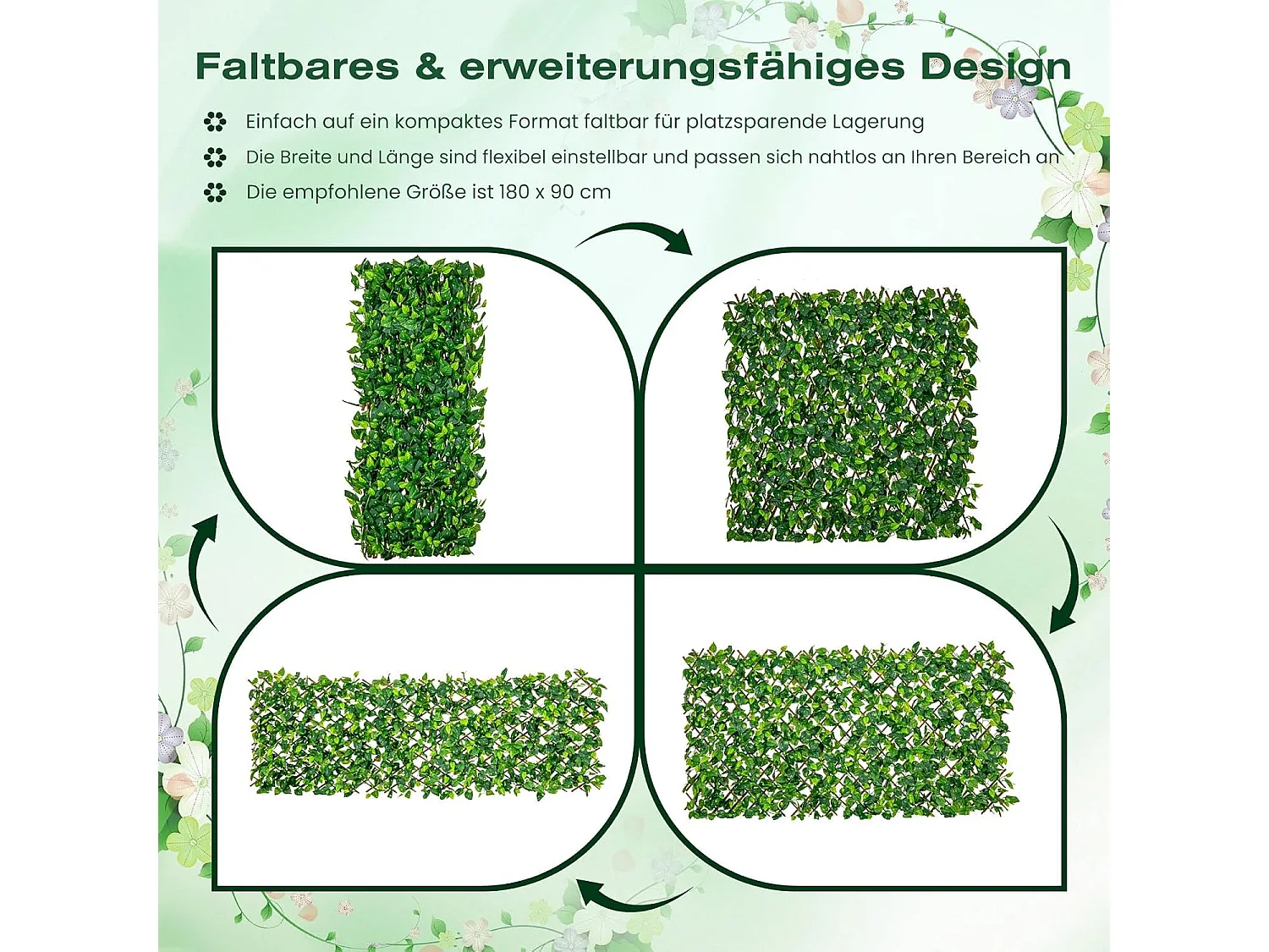 Kunstklimop voor de tuin, inkijkbescherming, 180 x 90 cm, plantenwand, heggen, klimop, omheining voor tuinheggen, balkon,windbescherming, wilgenvlechtwerk