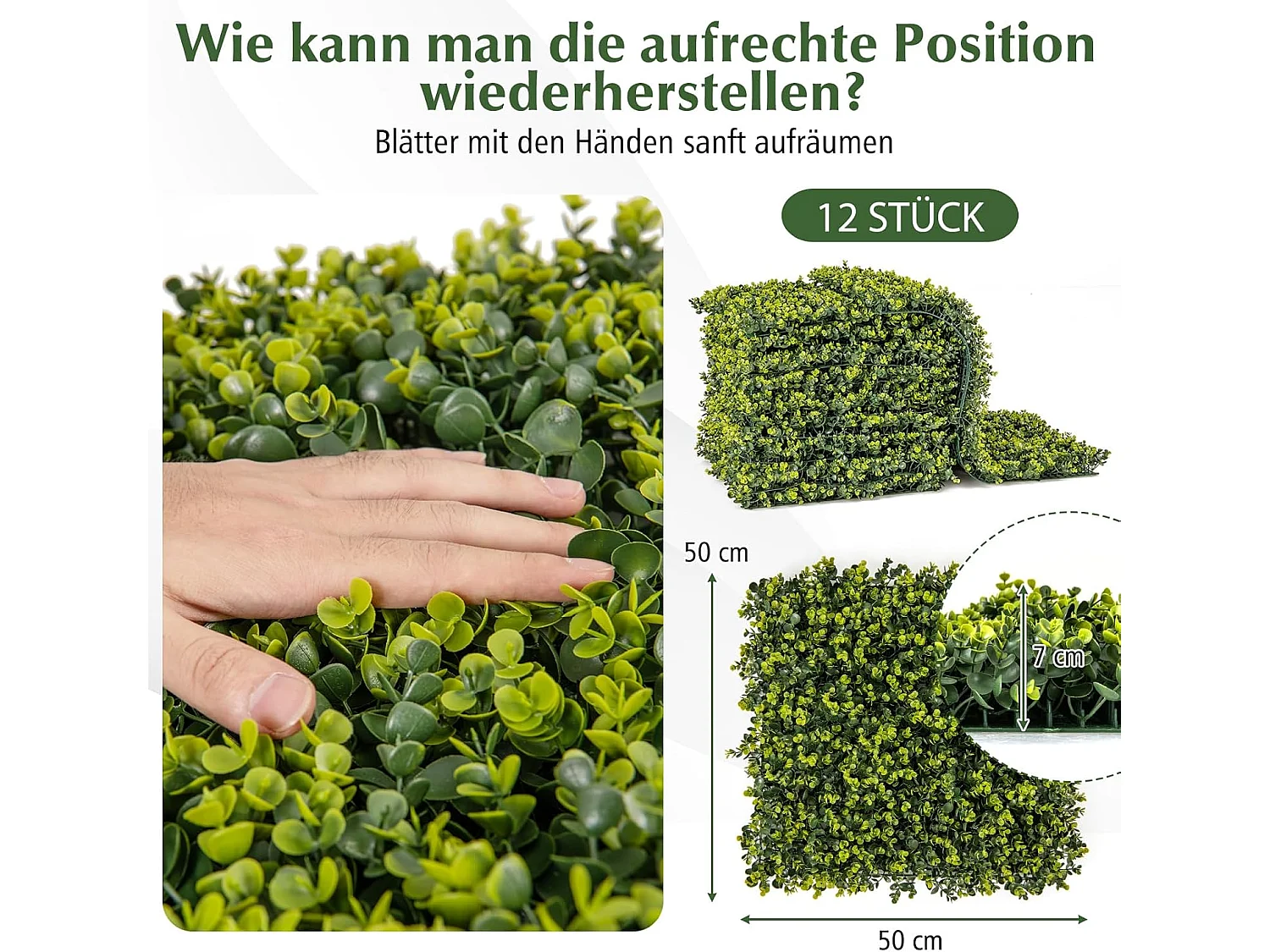 12 stuks kunstplantenwand, 50 x 50 cm, decoratieve hekken, uv-bestendig, kunstplantendecoratie, buxuspanelen, kunstplanten voor muur, tuin, terras, groen