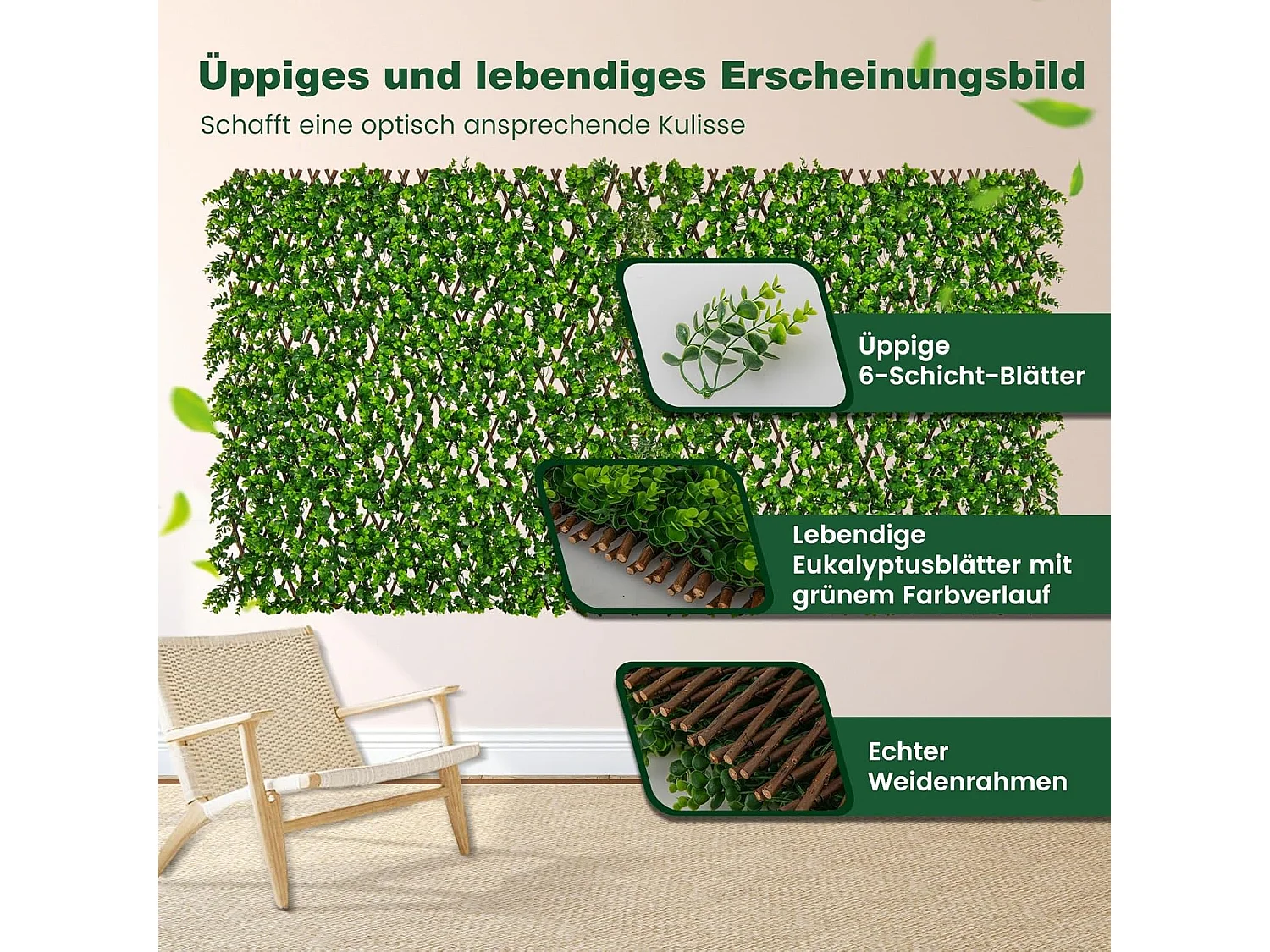 Kunstmatige klimop tuin privacy scherm, 180 x 90 cm, plant muur hagen met eucalyptus bladeren, hek voor tuin hagen balkon buiten decoratie,vlechtwerk (groen)