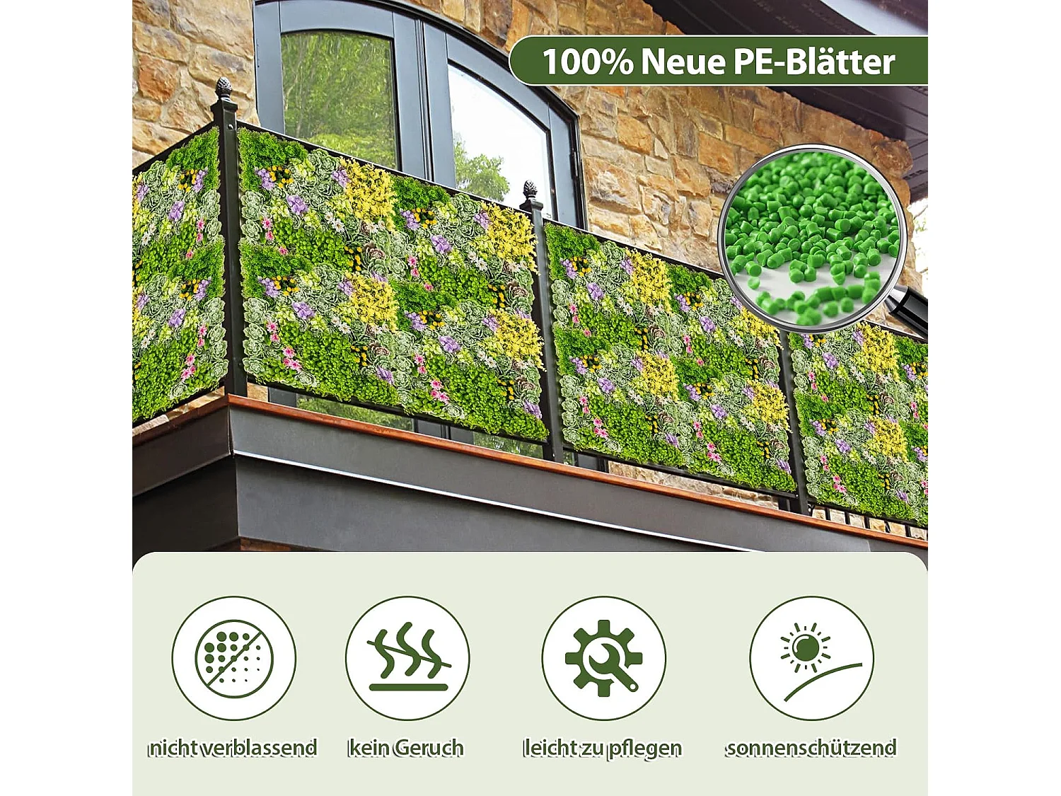 Set van 2 kunstheggen, plantenwand, 50 x 50 cm, panelen met veelzijdige kunstplanten, gesimuleerd gazon,kunstplant voor muur, balkon, tuin, groen (10 soorten)