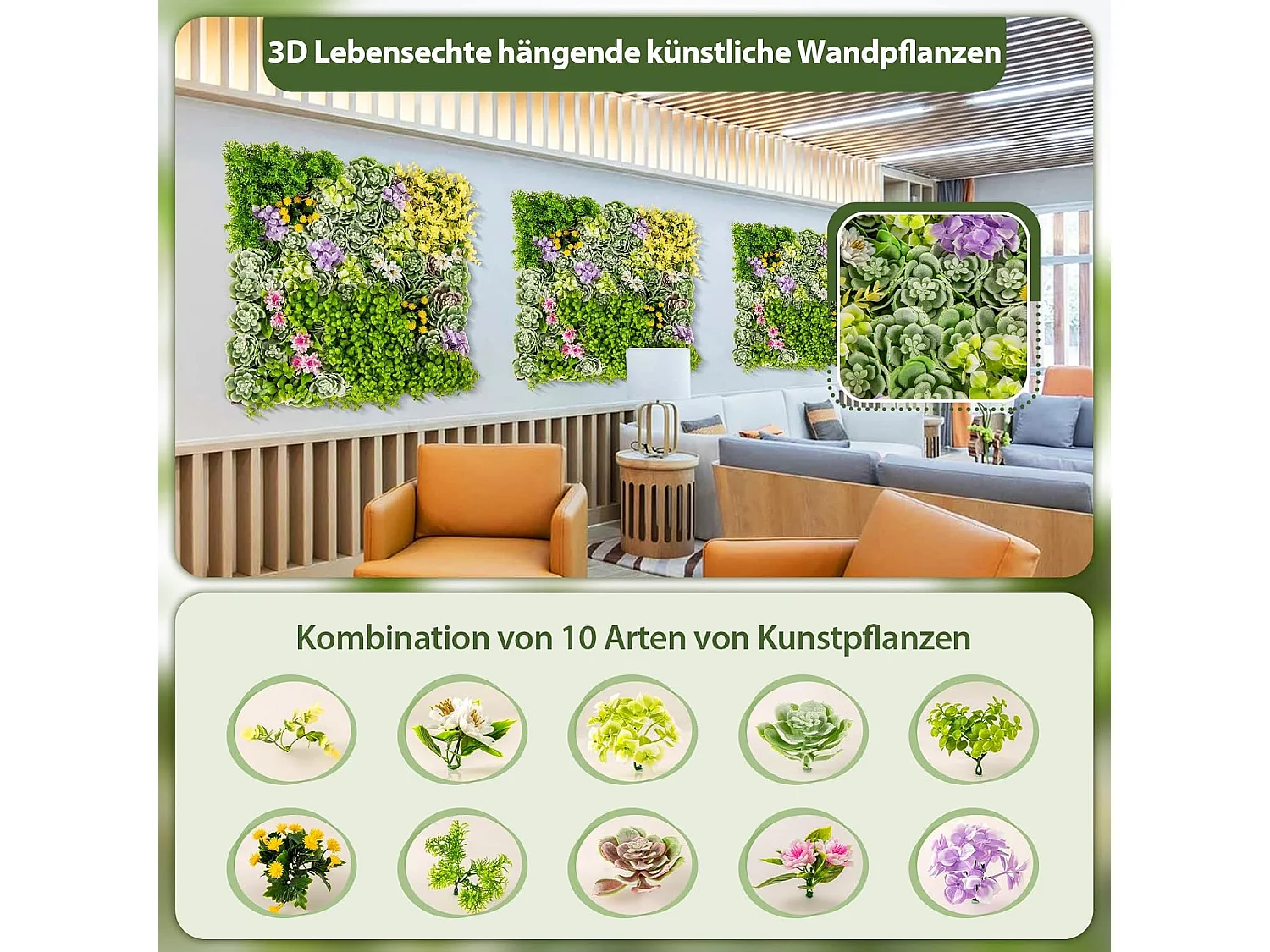 Set van 2 kunstheggen, plantenwand, 50 x 50 cm, panelen met veelzijdige kunstplanten, gesimuleerd gazon,kunstplant voor muur, balkon, tuin, groen (10 soorten)