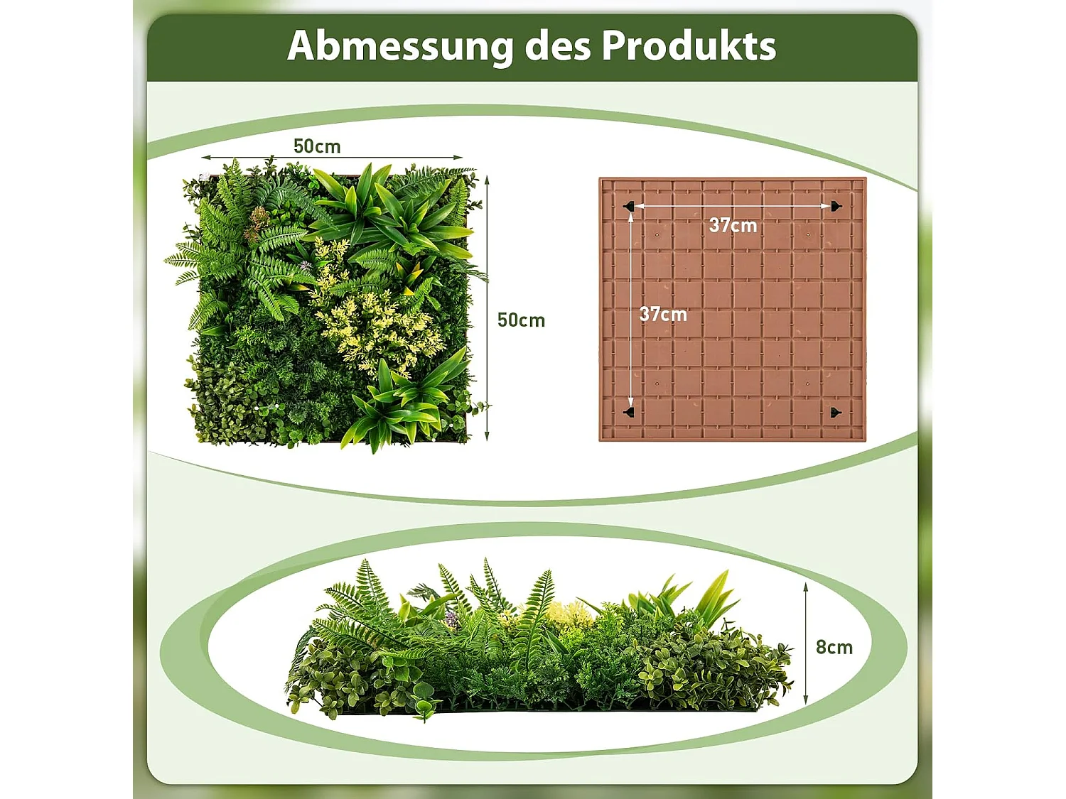 Set van 2 kunstheggen, plantenwand, 50 x 50 cm, panelen met veelzijdige kunstplanten, gesimuleerd gazon, wandpanelen, wandplanten,balkon, tuin, groen (11 soorten)