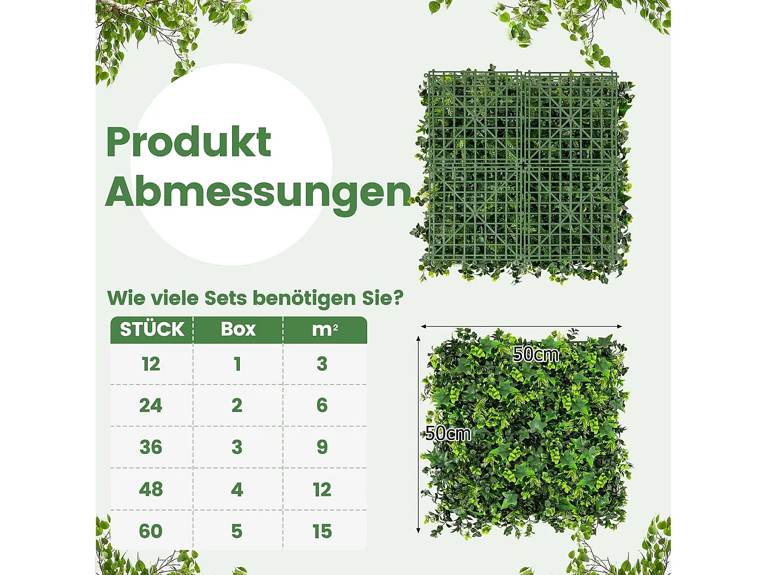 12 stuks kunstheggen, plantenwand, 50,5 x 50,5 cm, kunstplanten, uv-bestendig, kunstplanten, wandmontage, met elkaar te verbinden (gemengde bladeren)