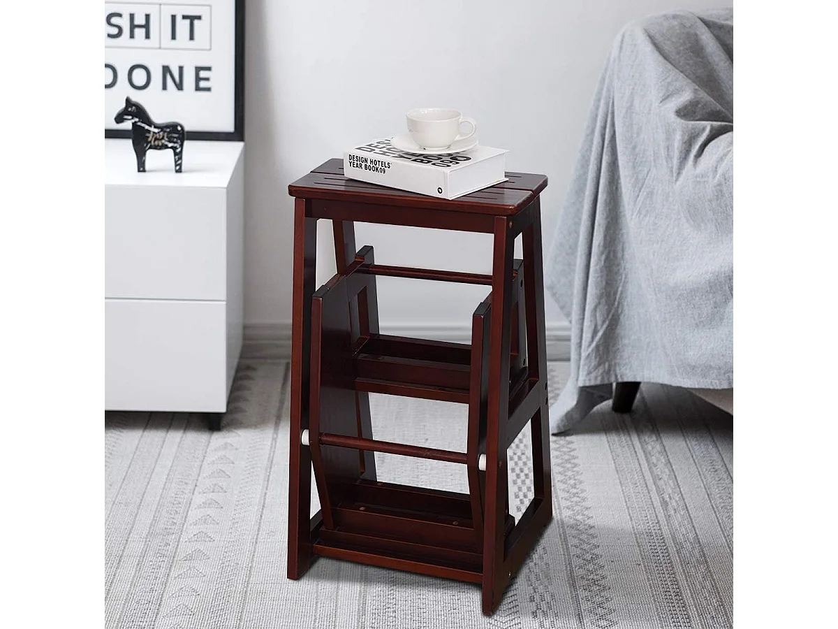 3-laags opklapbare opstapkruk Multifunctionele ladderstoel Zitbank Utiliteit, walnoot (Bruin)TI77221