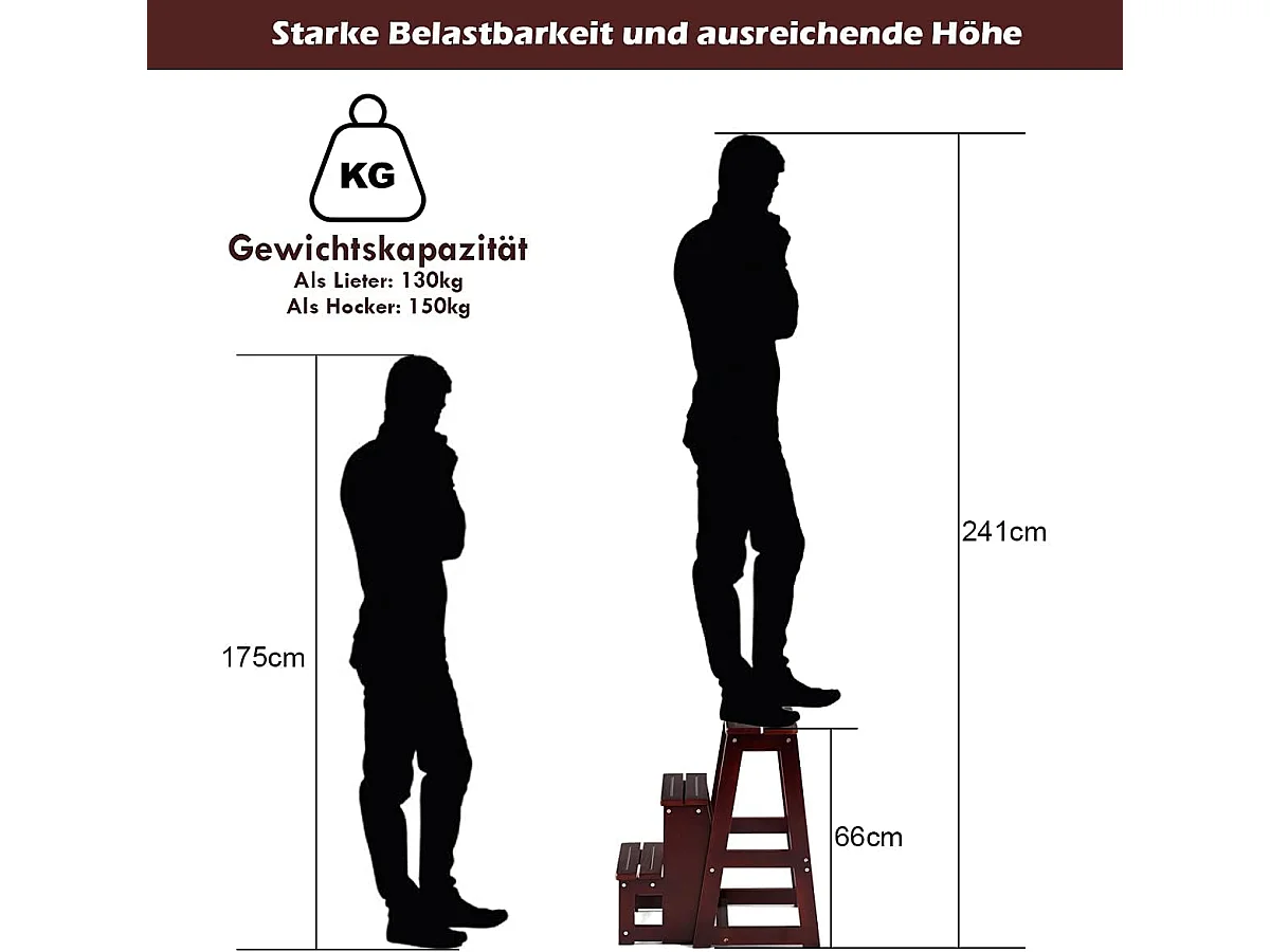3-laags opklapbare opstapkruk Multifunctionele ladderstoel Zitbank Utiliteit, walnoot (Bruin)TI77221