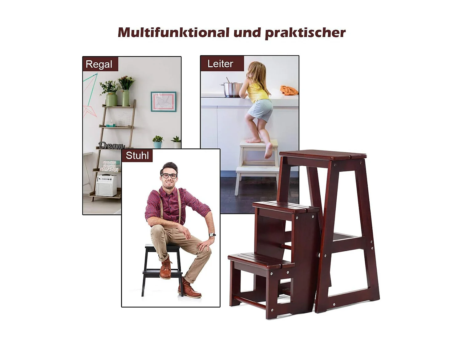 3-laags opklapbare opstapkruk Multifunctionele ladderstoel Zitbank Utiliteit, walnoot (Bruin)TI77221