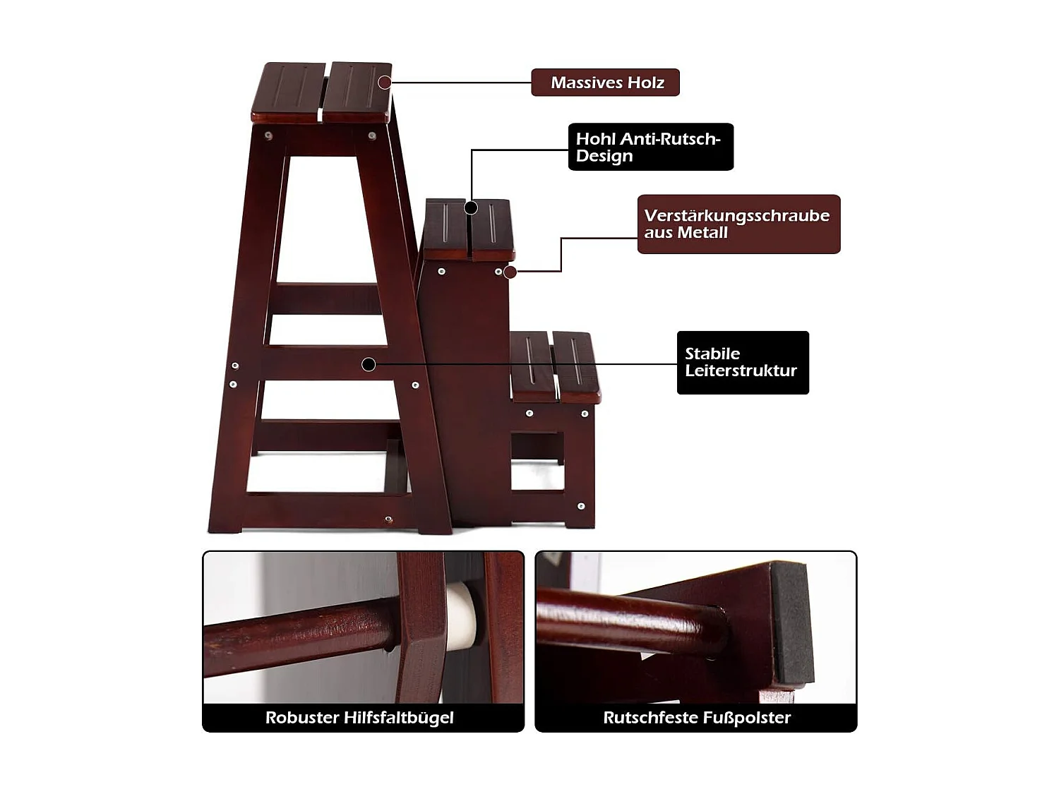 3-laags opklapbare opstapkruk Multifunctionele ladderstoel Zitbank Utiliteit, walnoot (Bruin)TI77221