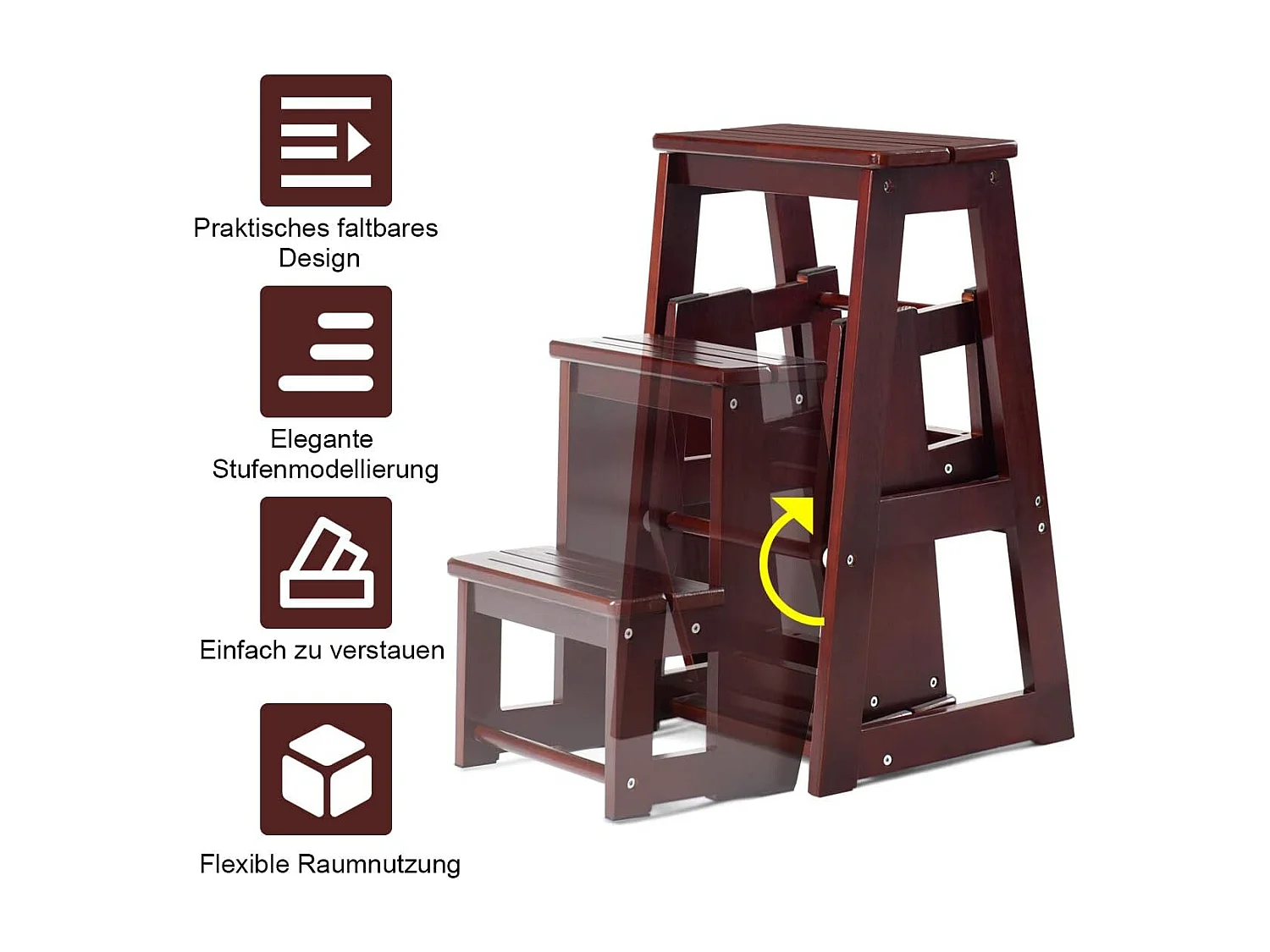 3-laags opklapbare opstapkruk Multifunctionele ladderstoel Zitbank Utiliteit, walnoot (Bruin)TI77221