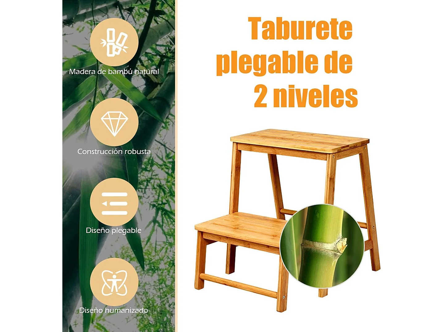 Opstapkruk met 2 treden, inklapbaar, tot 100 kg belastbaar, 48 cm hoog, trapstoel van bamboe, huishoudladder, naturel, krukladder voor bibliotheken of thuisTI86696