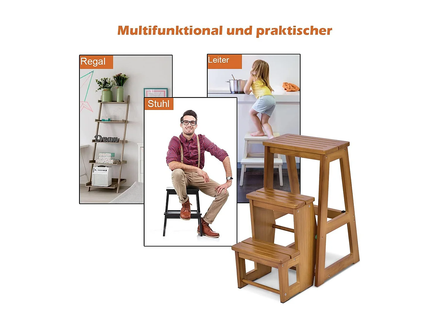 3-laags opklapbare opstapkruk multifunctionele ladderstoel zitbank utiliteit (Naturel)TI77221