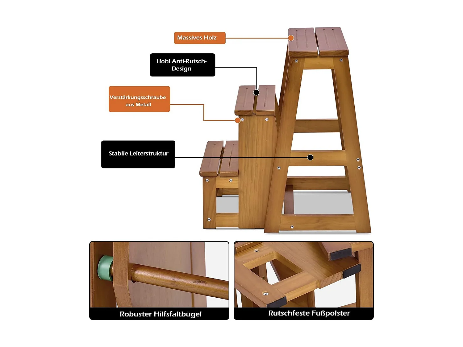 3-laags opklapbare opstapkruk multifunctionele ladderstoel zitbank utiliteit (Naturel)TI77221