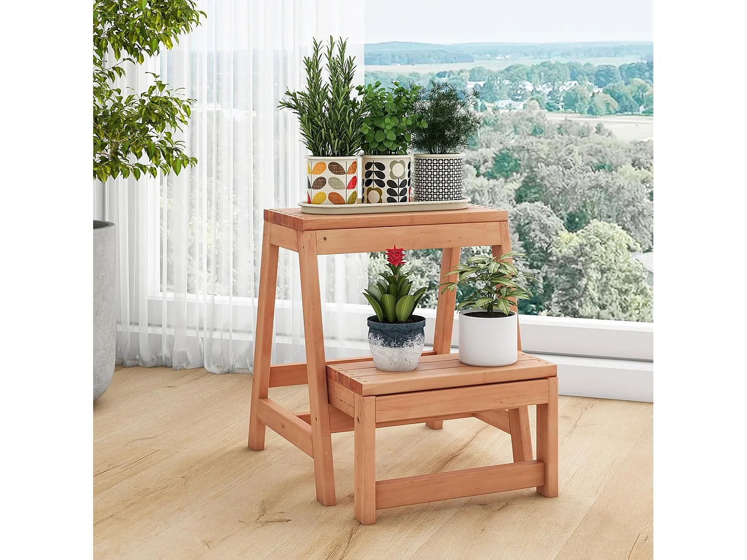 Opstapkruk met 2 treden, inklapbaar, tot 250 kg belastbaar, trapladder van sparrenhout, huishoudladder natuur, krukladder voor tuin, thuis, 50 x 39 x 45 cmVH33858