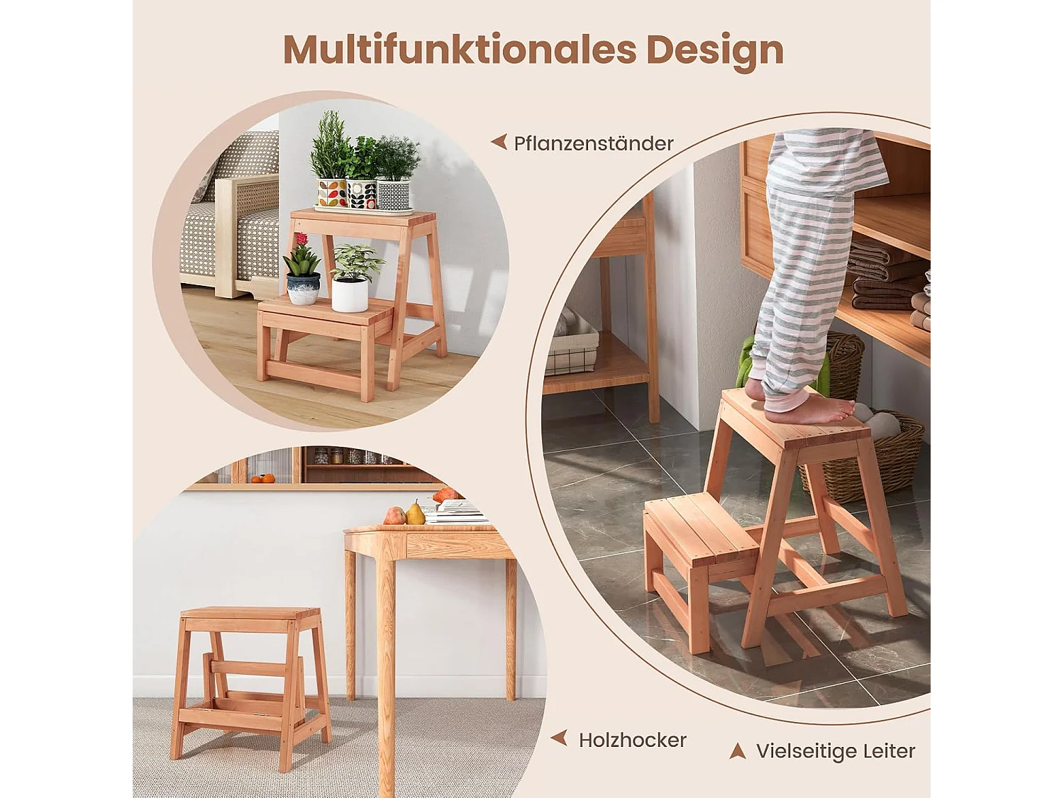 Opstapkruk met 2 treden, inklapbaar, tot 250 kg belastbaar, trapladder van sparrenhout, huishoudladder natuur, krukladder voor tuin, thuis, 50 x 39 x 45 cmVH33858
