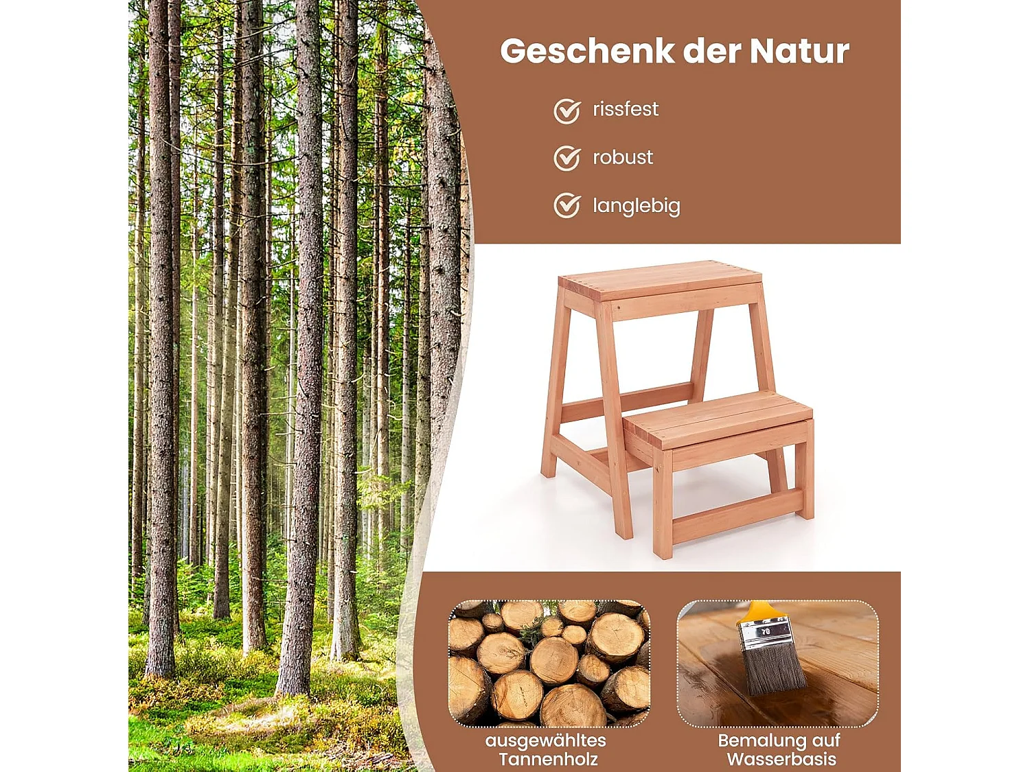 Opstapkruk met 2 treden, inklapbaar, tot 250 kg belastbaar, trapladder van sparrenhout, huishoudladder natuur, krukladder voor tuin, thuis, 50 x 39 x 45 cmVH33858