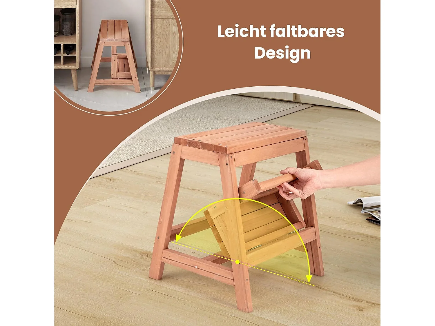 Opstapkruk met 2 treden, inklapbaar, tot 250 kg belastbaar, trapladder van sparrenhout, huishoudladder natuur, krukladder voor tuin, thuis, 50 x 39 x 45 cmVH33858