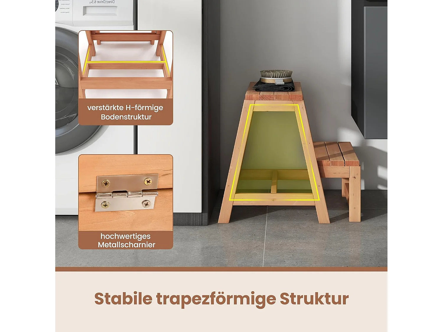 Opstapkruk met 2 treden, inklapbaar, tot 250 kg belastbaar, trapladder van sparrenhout, huishoudladder natuur, krukladder voor tuin, thuis, 50 x 39 x 45 cmVH33858